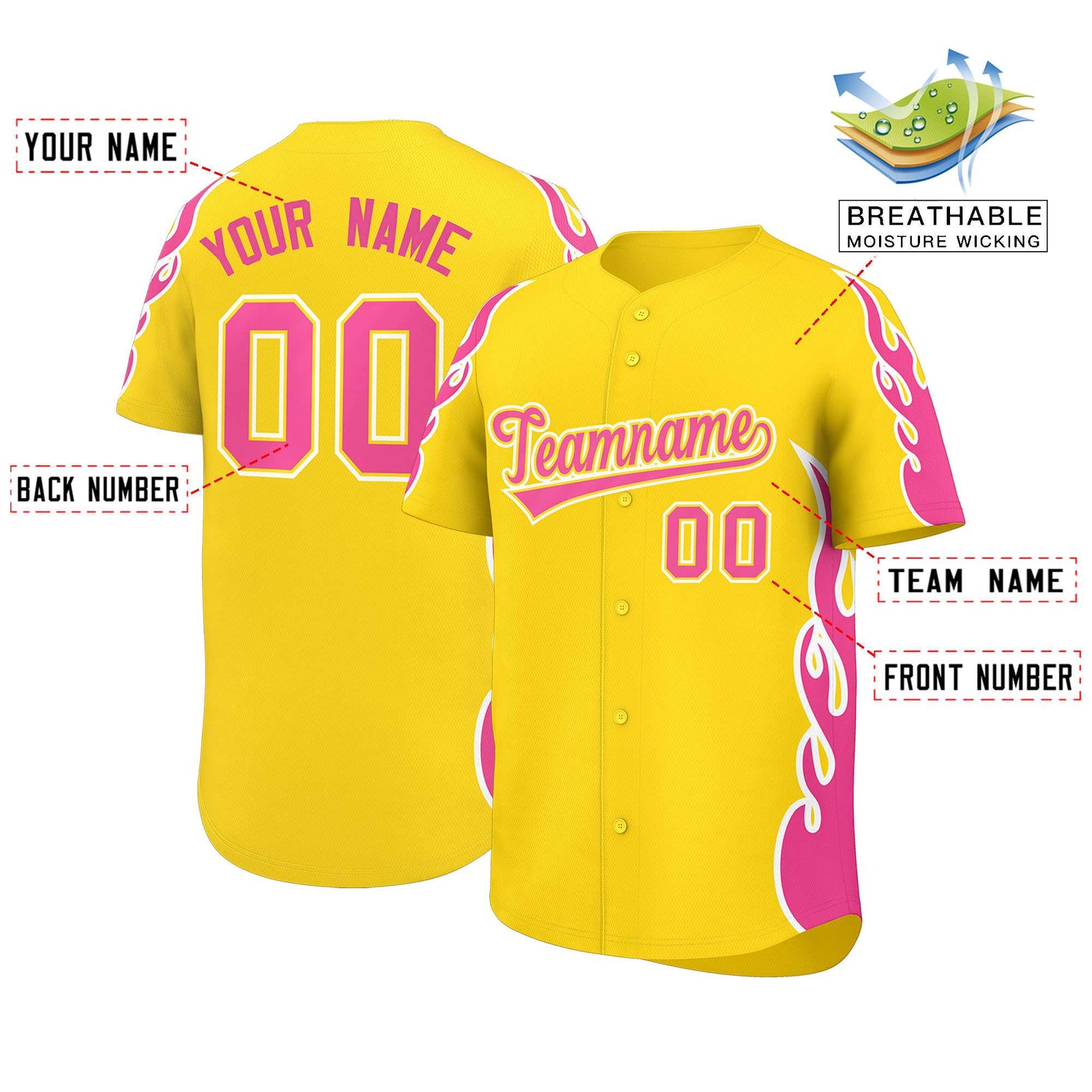 Custom Gold Pink Side Flame Outline Pattern Sports Uniform Basetball Jersey