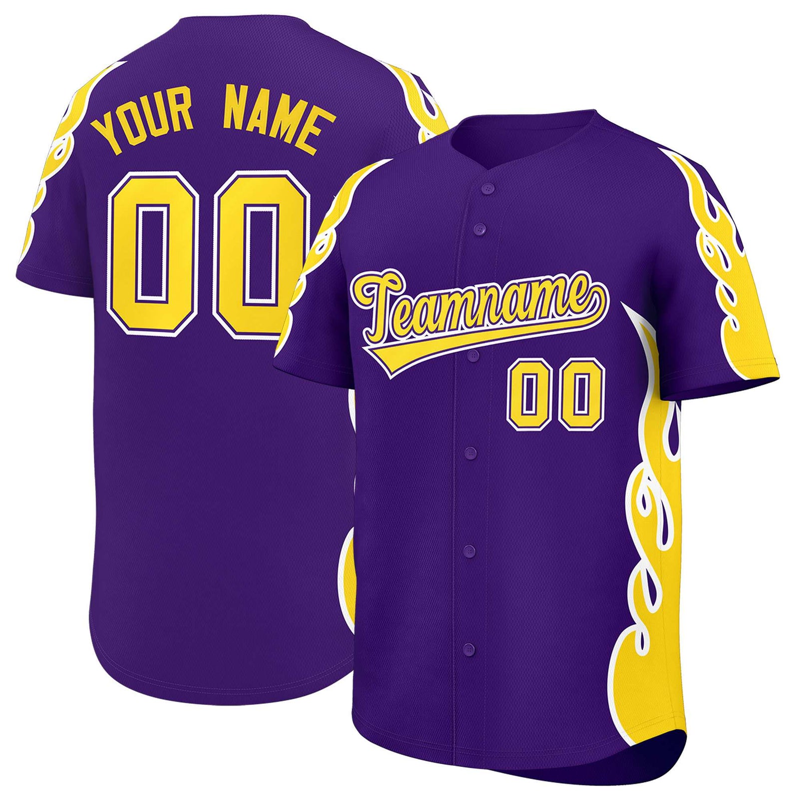 Custom Purple Gold Side Flame Outline Pattern Sports Uniform Basetball Jersey