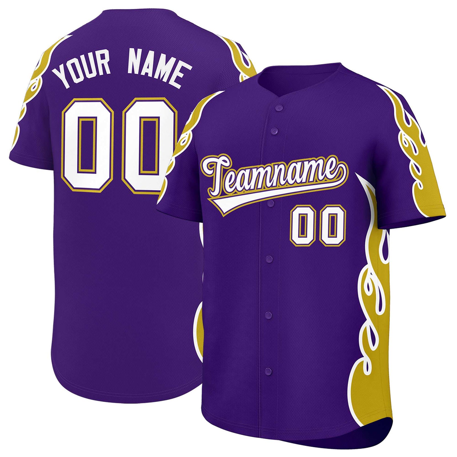 Custom Purple Old Gold Side Flame Outline Pattern Sports Uniform Basetball Jersey