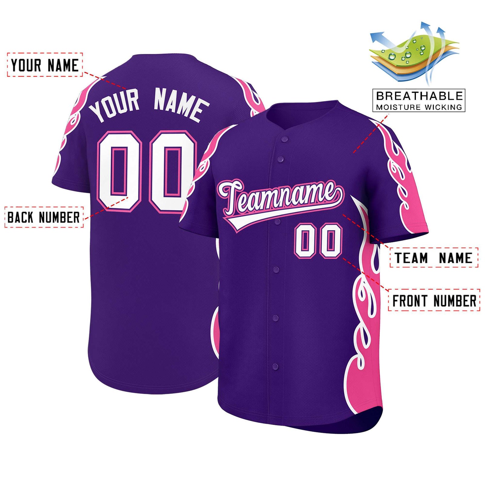 Custom Purple Pink Side Flame Outline Pattern Sports Uniform Basetball Jersey