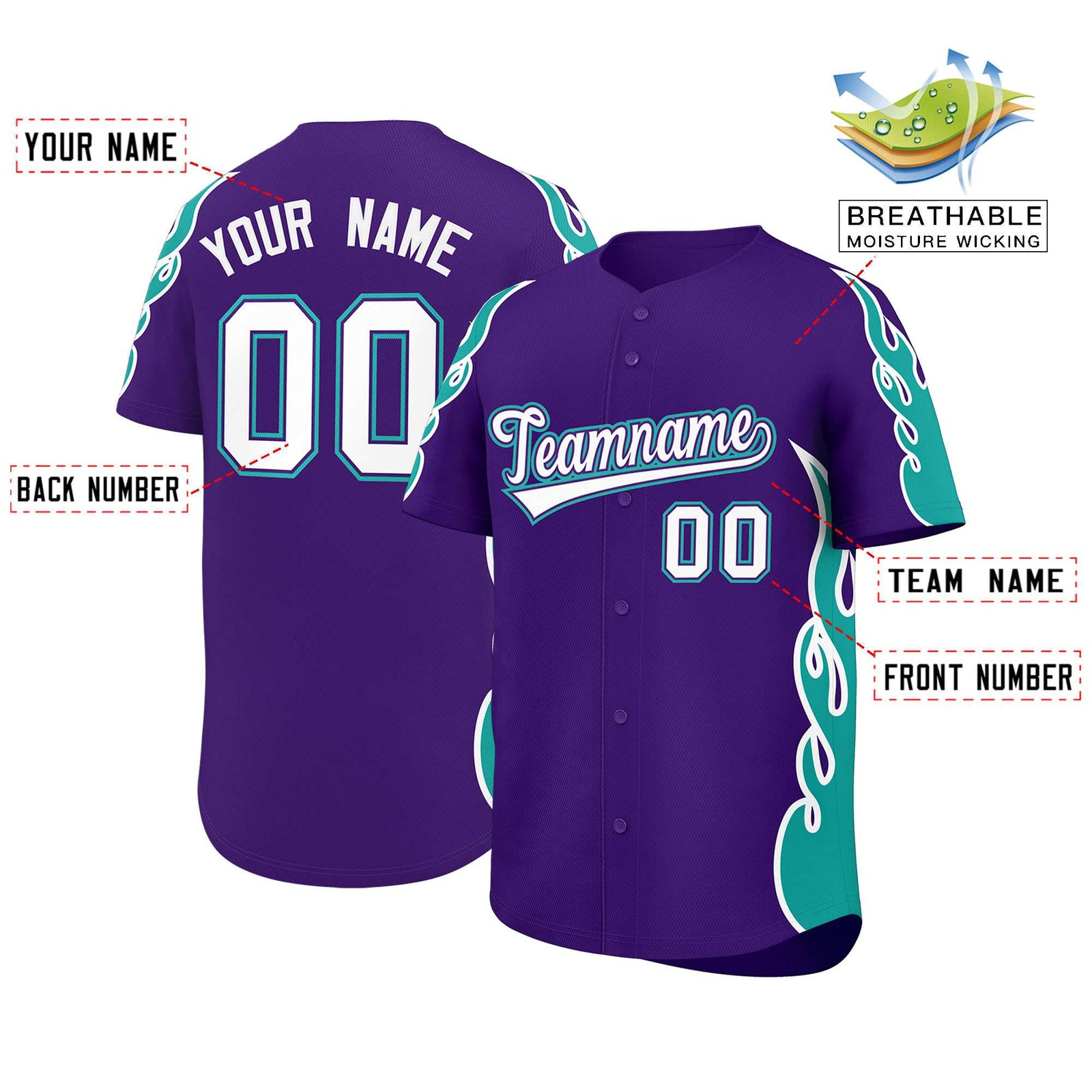 Custom Purple Aqua Side Flame Outline Pattern Sports Uniform Basetball Jersey
