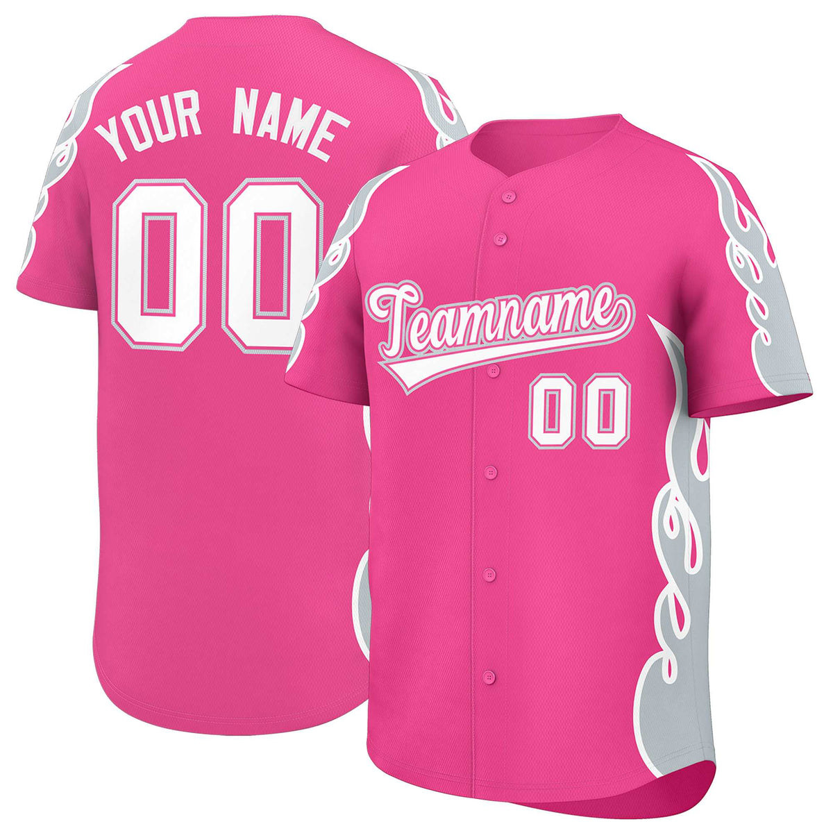 Custom Pink Silver Side Flame Outline Pattern Sports Uniform Basetball Jersey