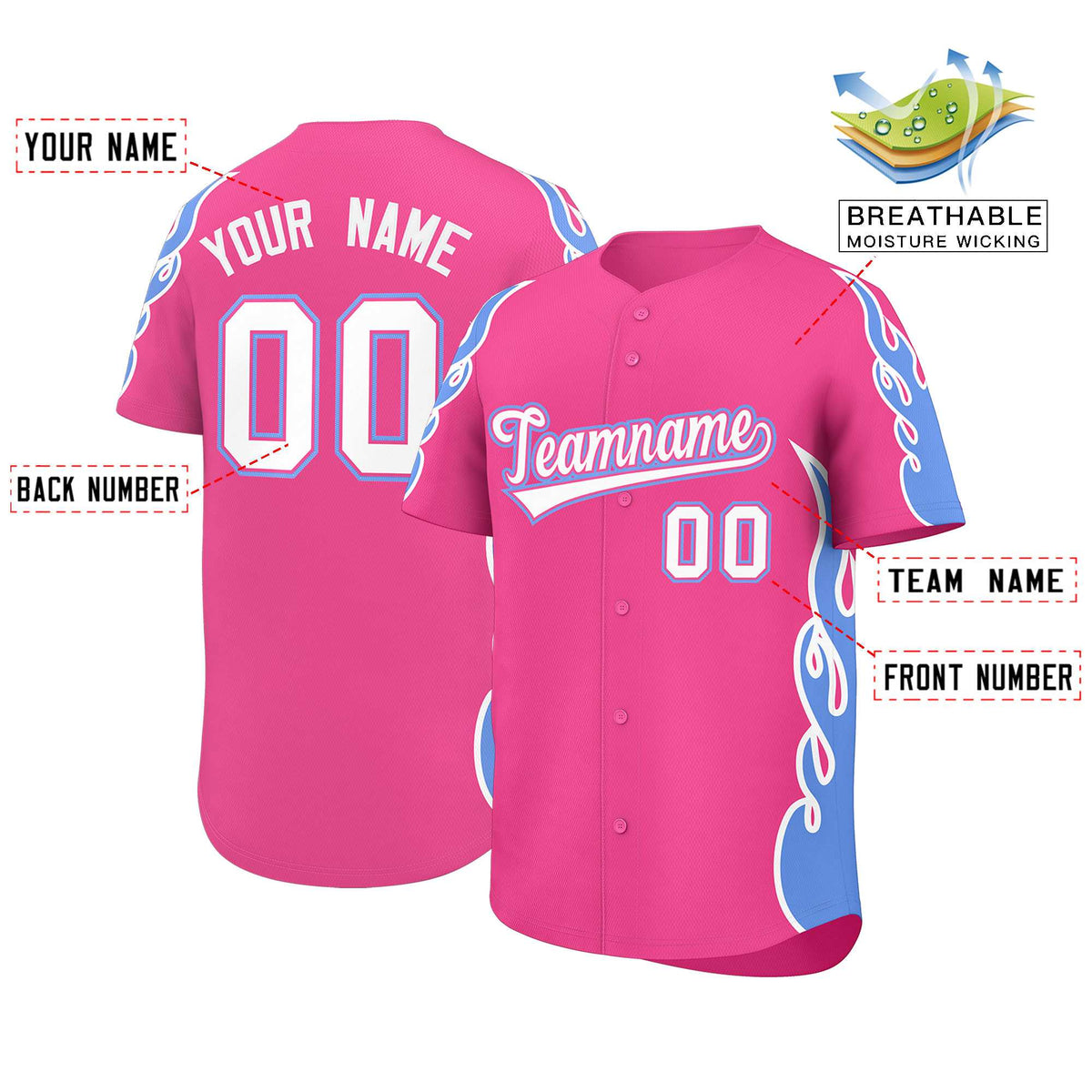 Custom Pink Light Blue Side Flame Outline Pattern Sports Uniform Basetball Jersey