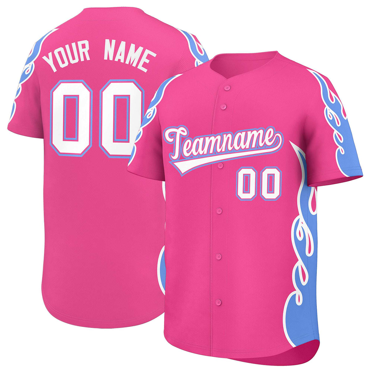 Custom Pink Light Blue Side Flame Outline Pattern Sports Uniform Basetball Jersey