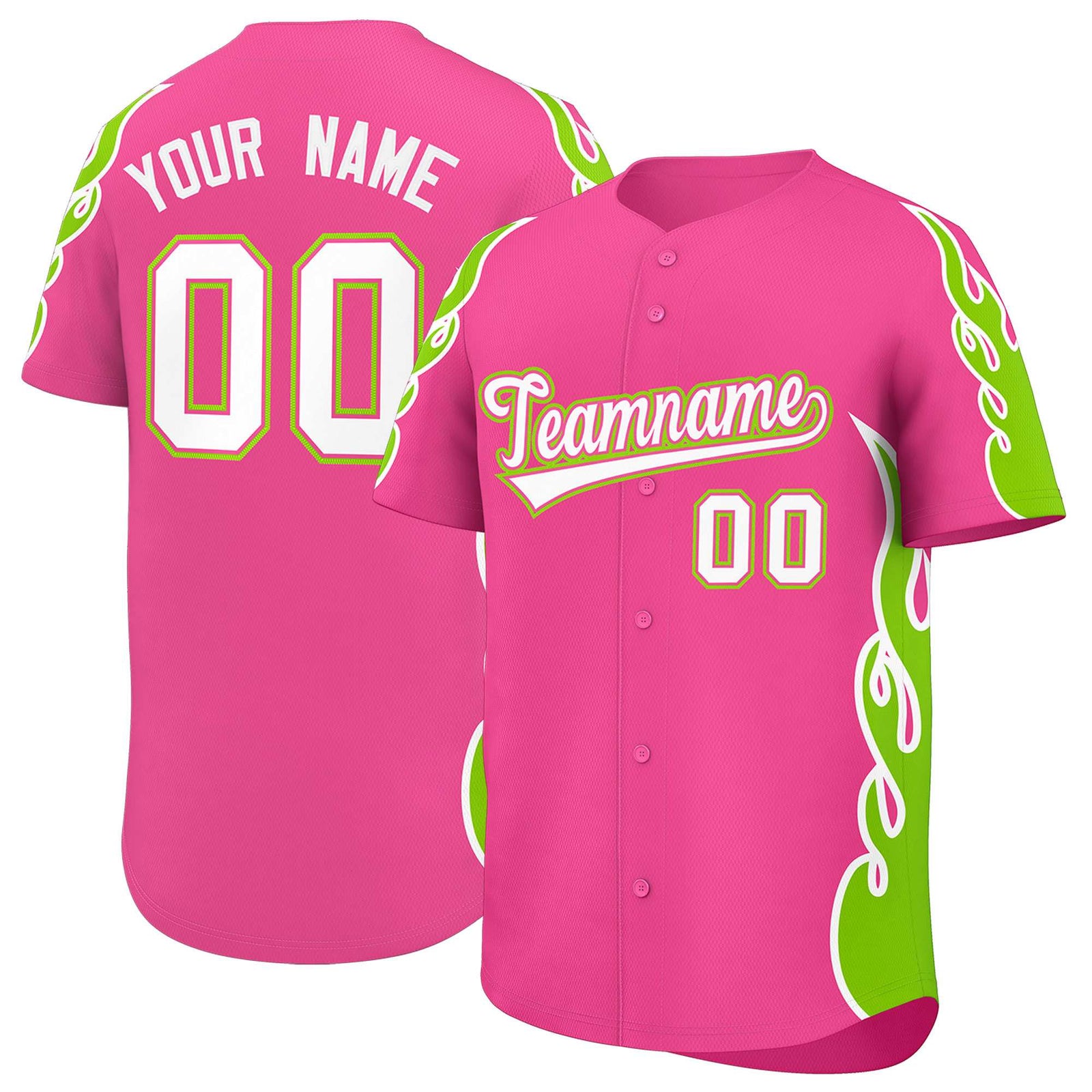 Custom Pink Neon Green Side Flame Outline Pattern Sports Uniform Basetball Jersey