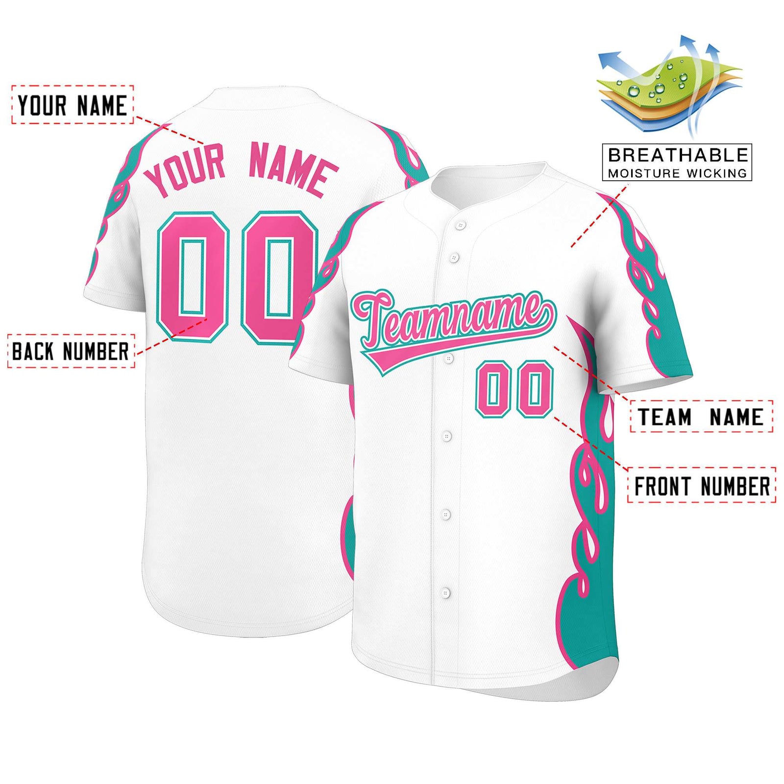 Custom White Aqua Side Flame Outline Pattern Sports Uniform Basetball Jersey