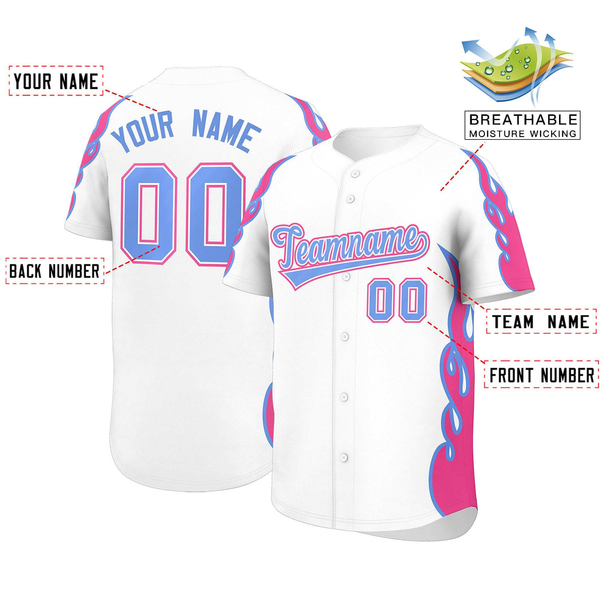 Custom White Pink Side Flame Outline Pattern Sports Uniform Basetball Jersey