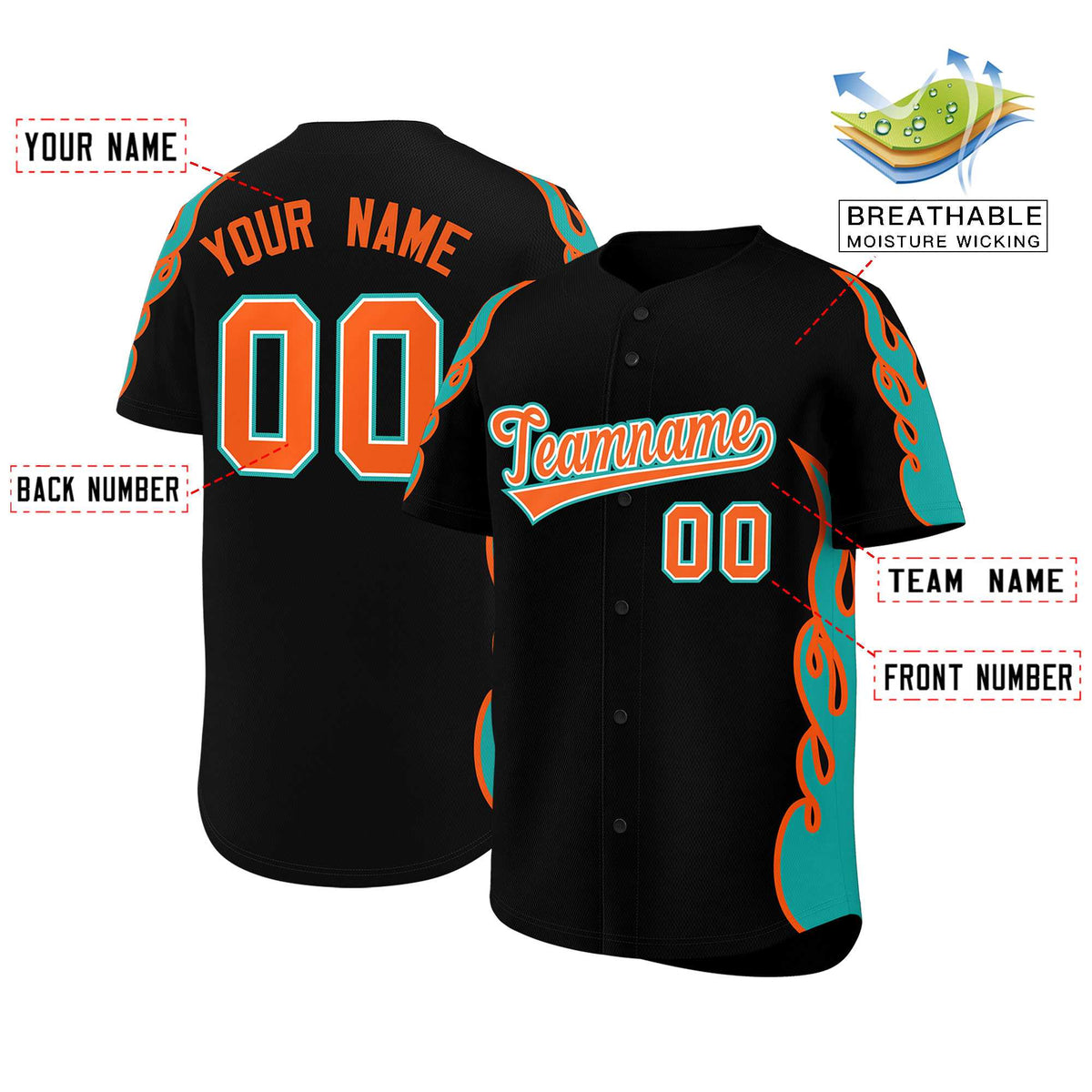 Custom Black Aqua Side Flame Outline Pattern Sports Uniform Basetball Jersey