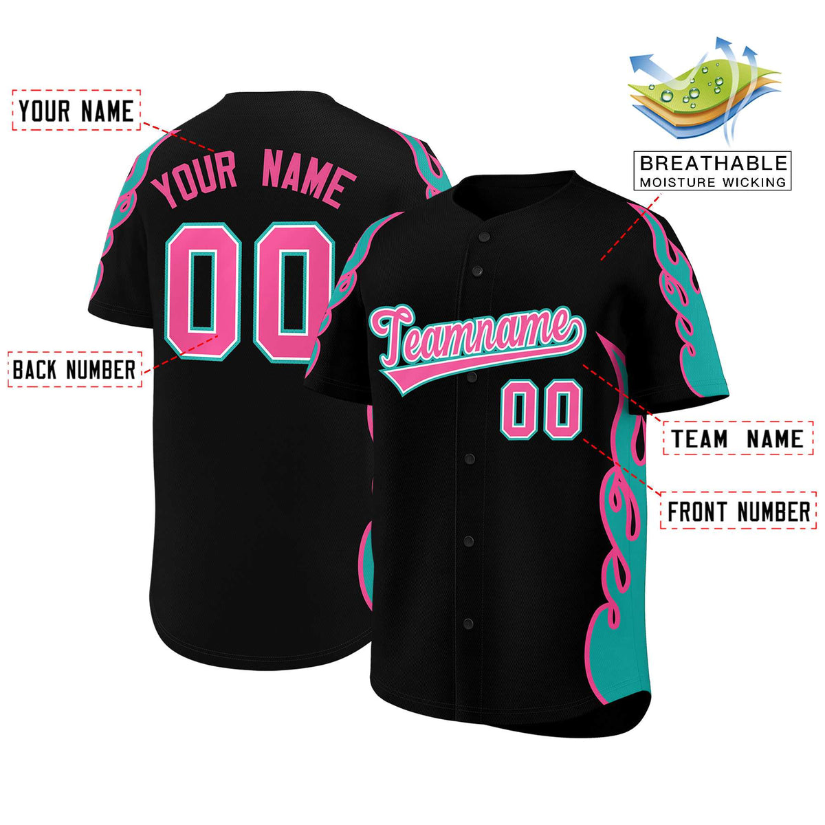Custom Black Aqua Side Flame Outline Pattern Sports Uniform Basetball Jersey