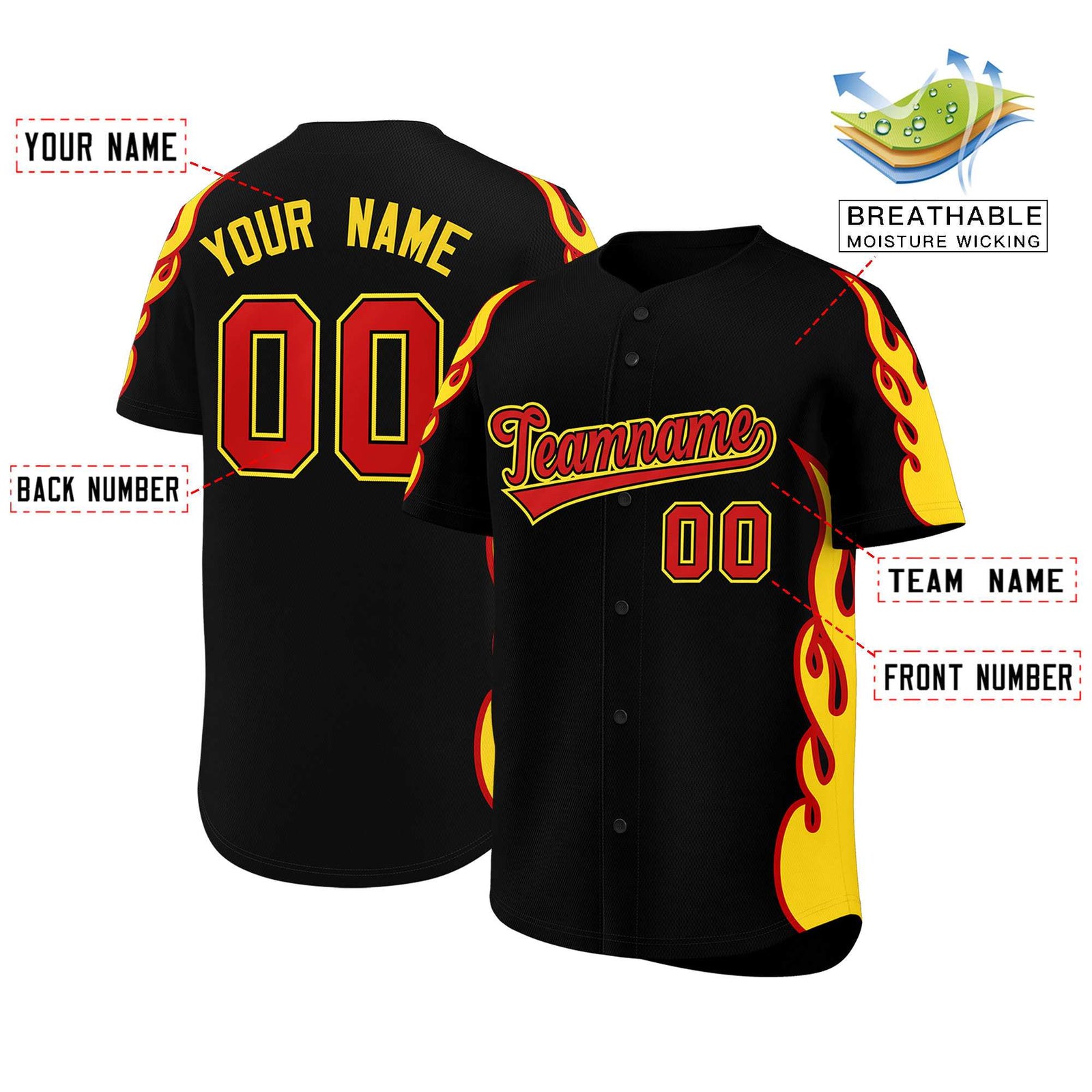 Custom Black Gold Side Flame Outline Pattern Sports Uniform Basetball Jersey