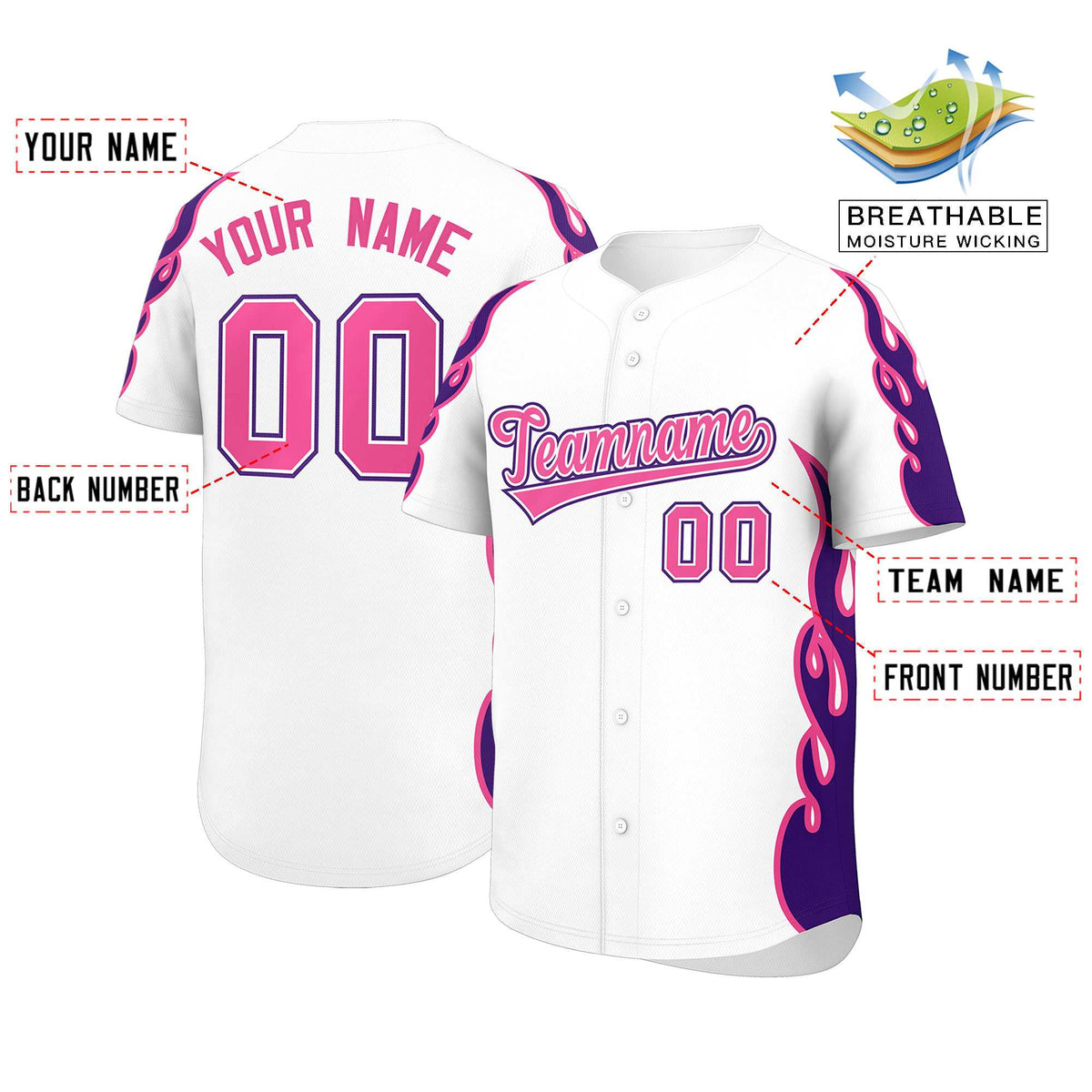 Custom White Purple Side Flame Outline Pattern Sports Uniform Basetball Jersey