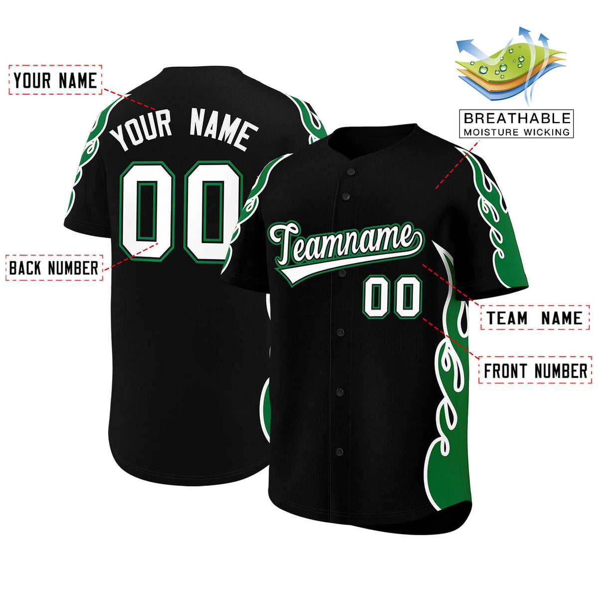 Custom Black Kelly Green Side Flame Outline Pattern Sports Uniform Basetball Jersey