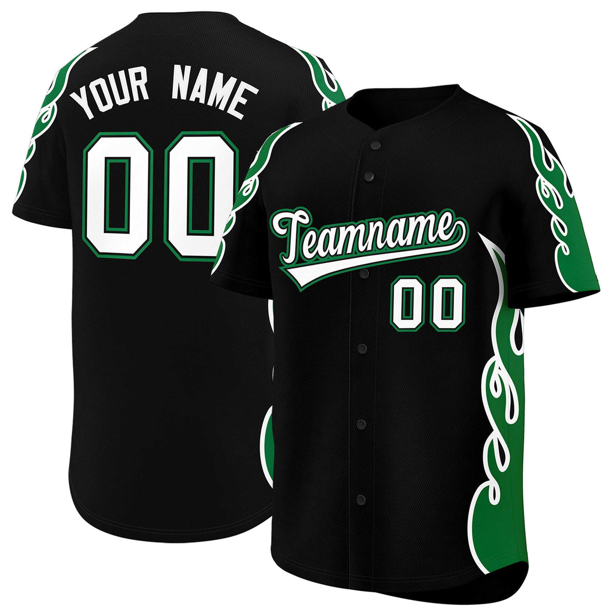 Custom Black Kelly Green Side Flame Outline Pattern Sports Uniform Basetball Jersey