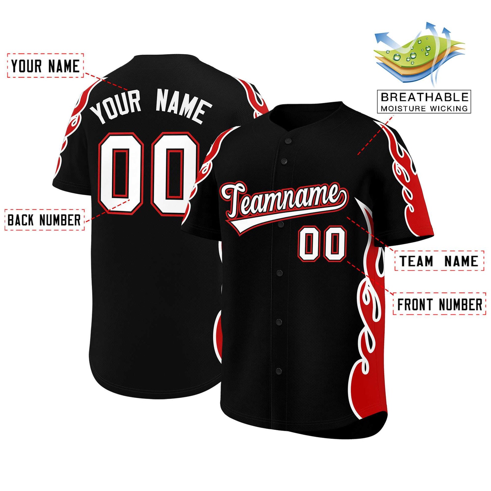 Custom Black Red Side Flame Outline Pattern Sports Uniform Basetball Jersey