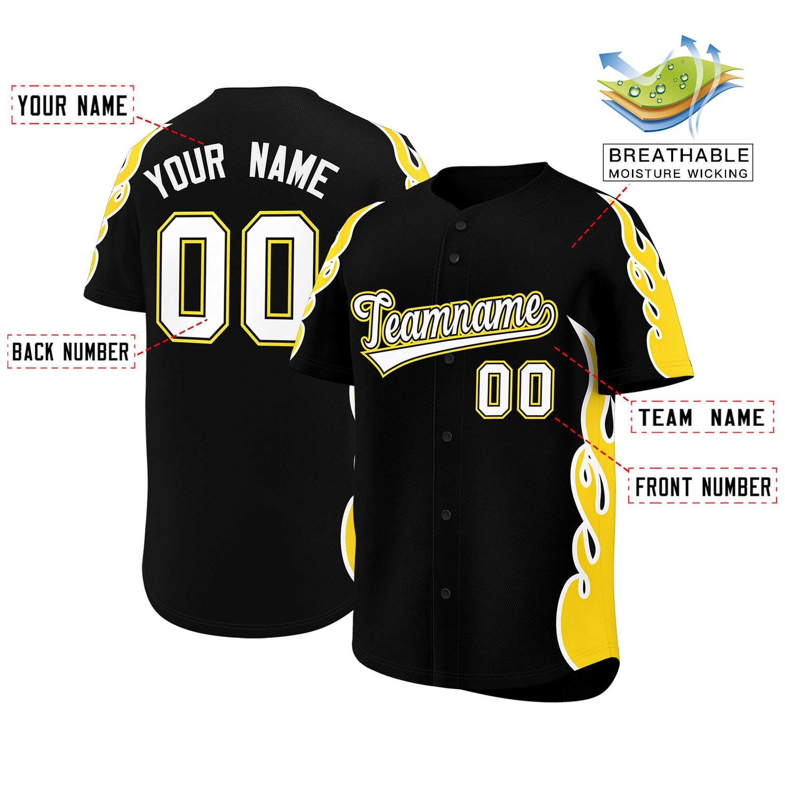 Custom Black Gold Side Flame Outline Pattern Sports Uniform Basetball Jersey