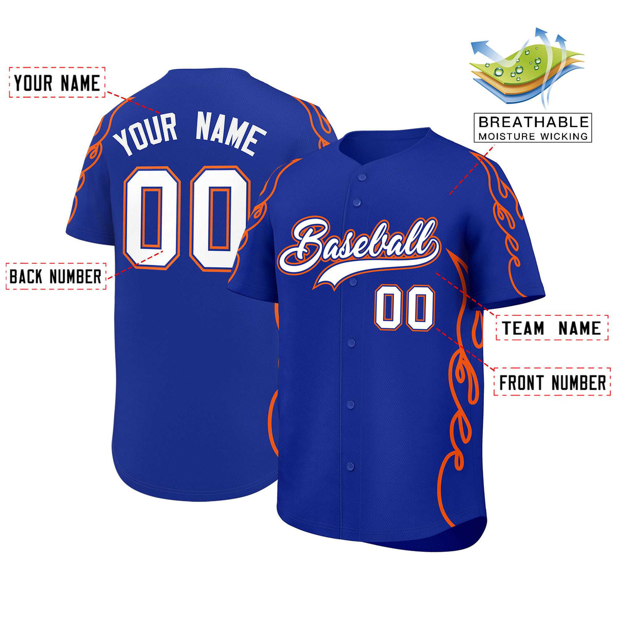 Custom Royal Orange Side Flame Outline Pattern Sports Uniform Basetball Jersey