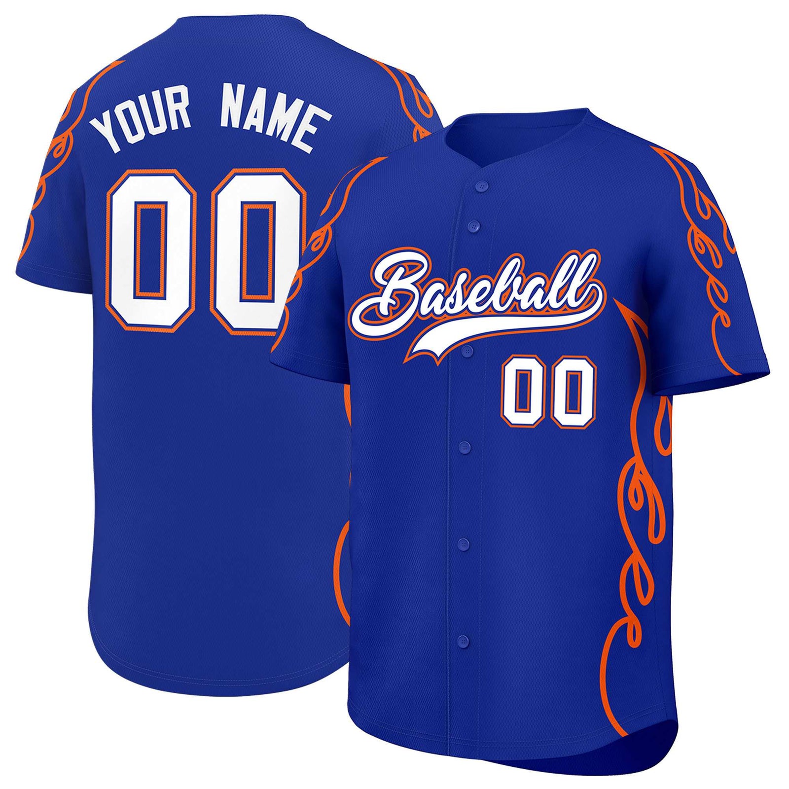 Custom Royal Orange Side Flame Outline Pattern Sports Uniform Basetball Jersey