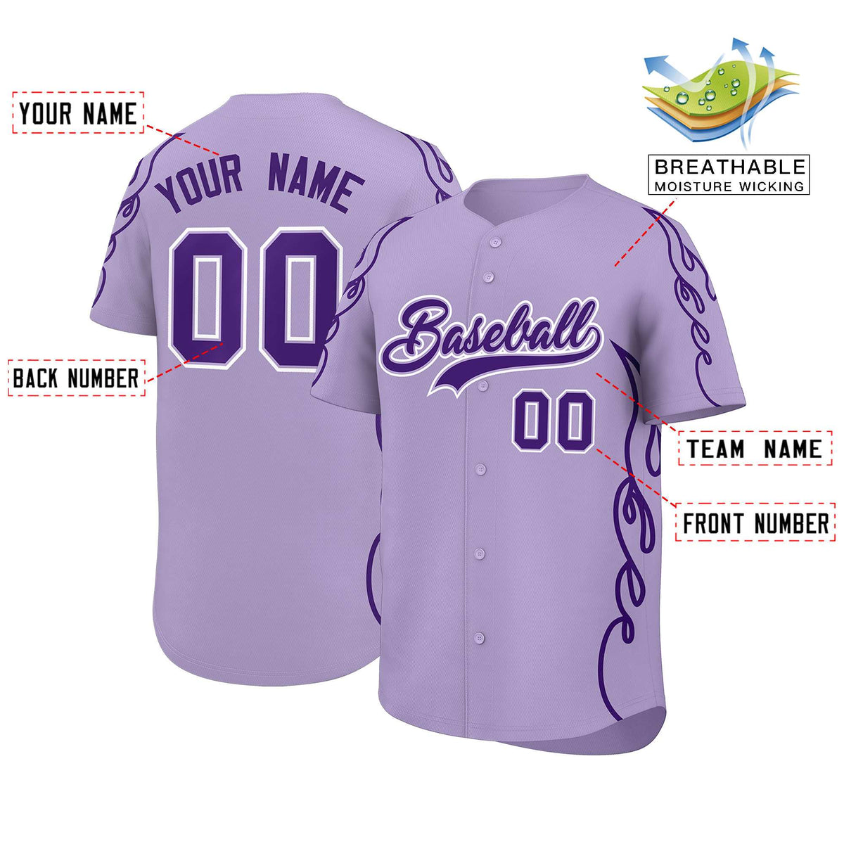 Custom Light Purple Purple Side Flame Outline Pattern Sports Uniform Basetball Jersey