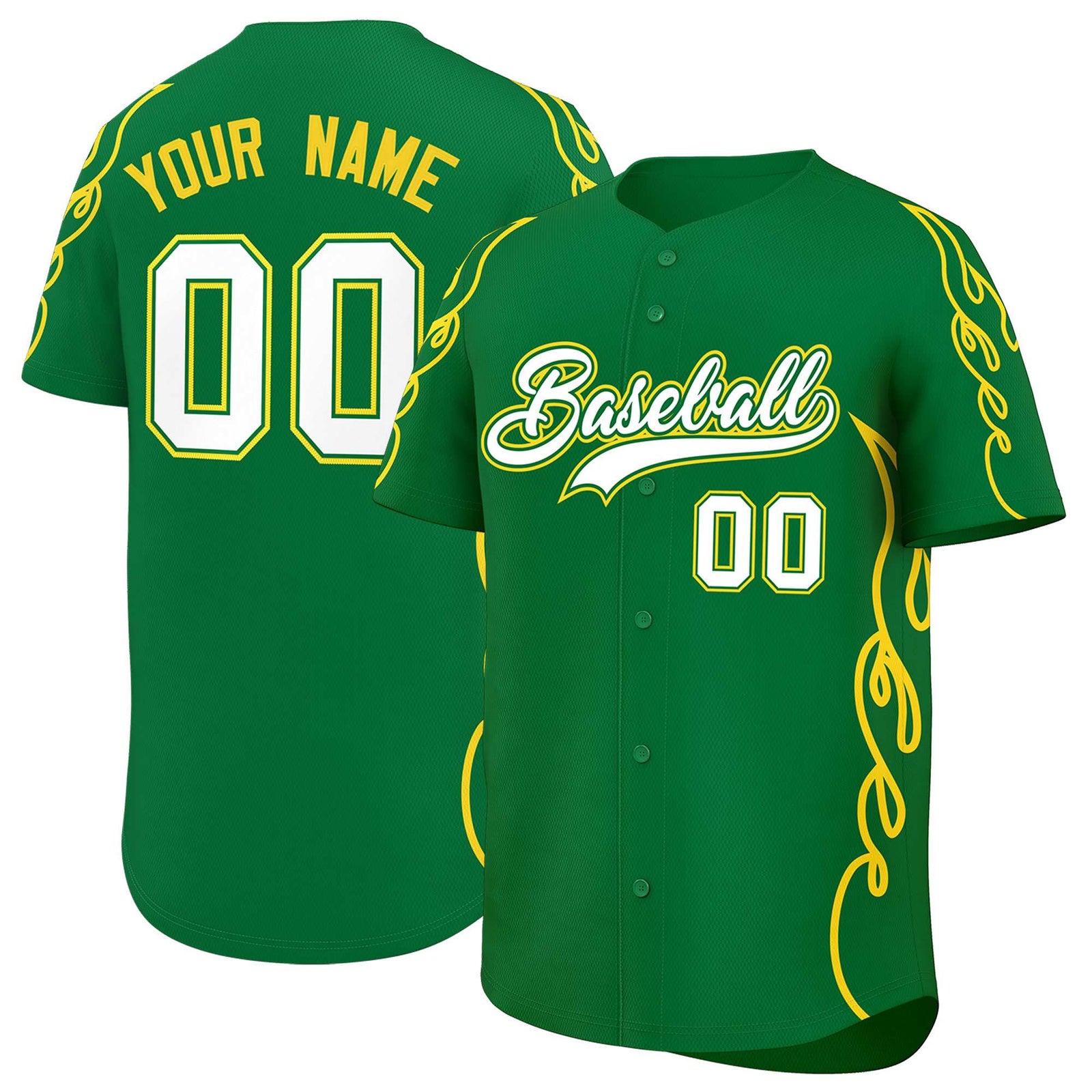 Custom Kelly Green Gold Side Flame Outline Pattern Sports Uniform Basetball Jersey