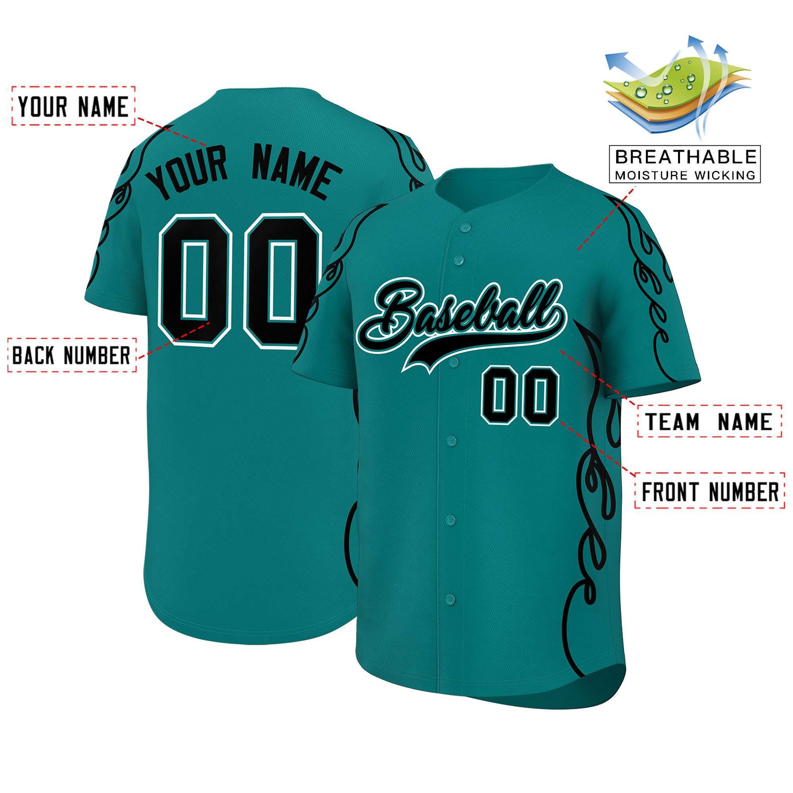Custom Teal Black Side Flame Outline Pattern Sports Uniform Basetball Jersey