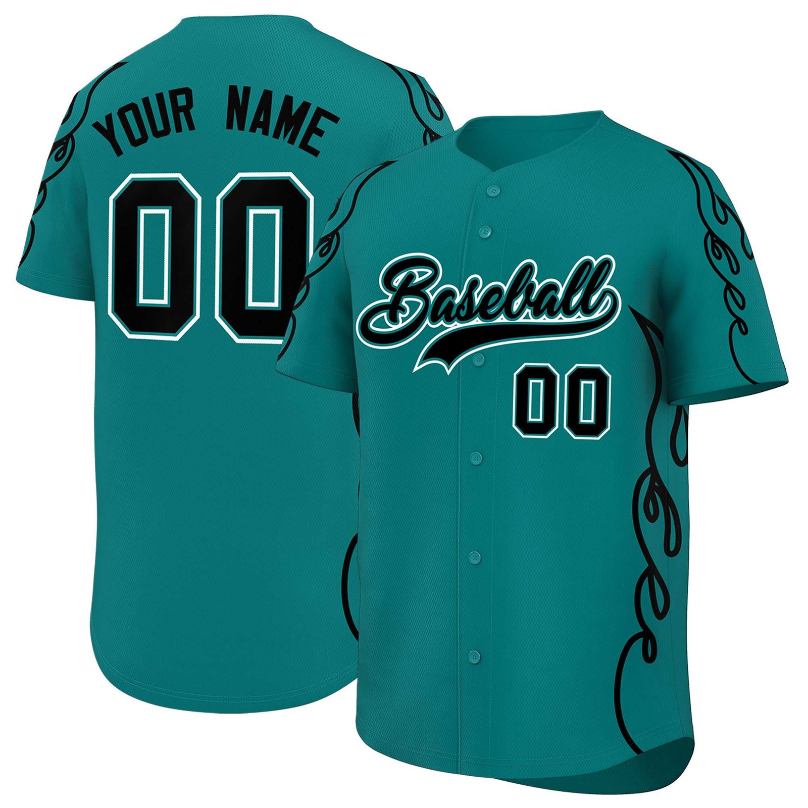 Custom Teal Black Side Flame Outline Pattern Sports Uniform Basetball Jersey