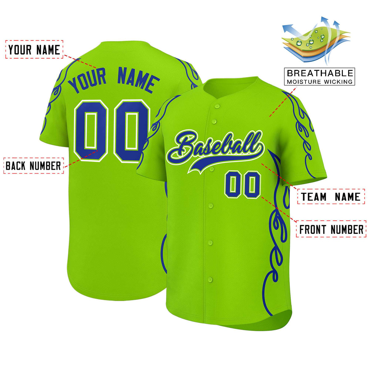 Custom Neon Green Royal Side Flame Outline Pattern Sports Uniform Basetball Jersey