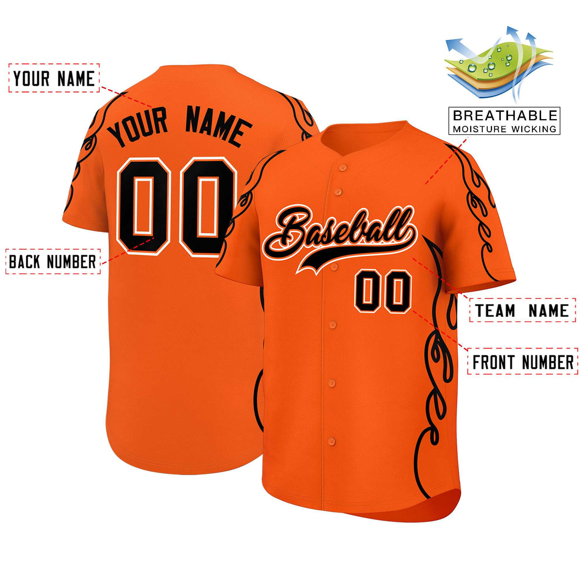 Custom Orange Black Side Flame Outline Pattern Sports Uniform Basetball Jersey