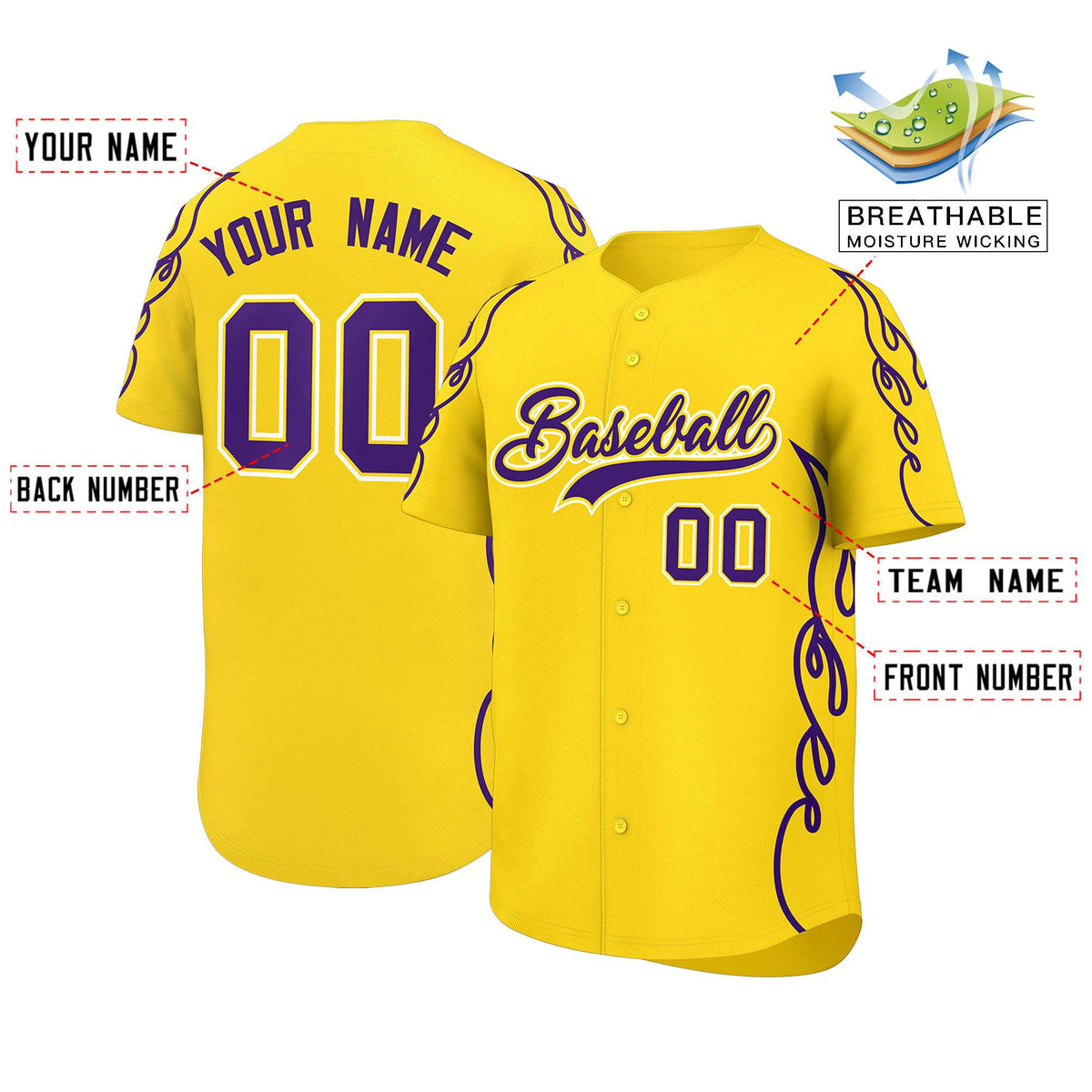 Custom Gold Purple Side Flame Outline Pattern Sports Uniform Basetball Jersey