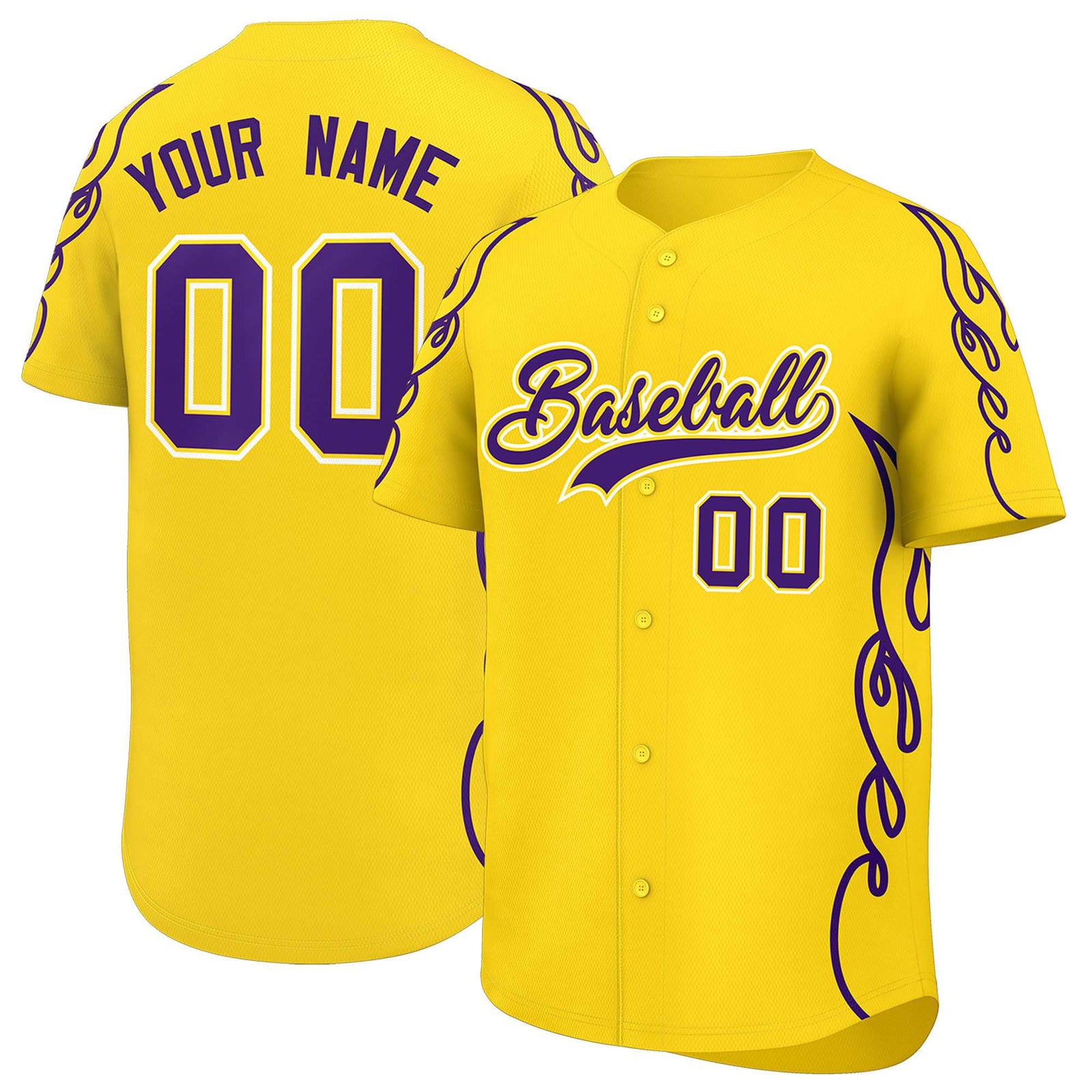 Custom Gold Purple Side Flame Outline Pattern Sports Uniform Basetball Jersey