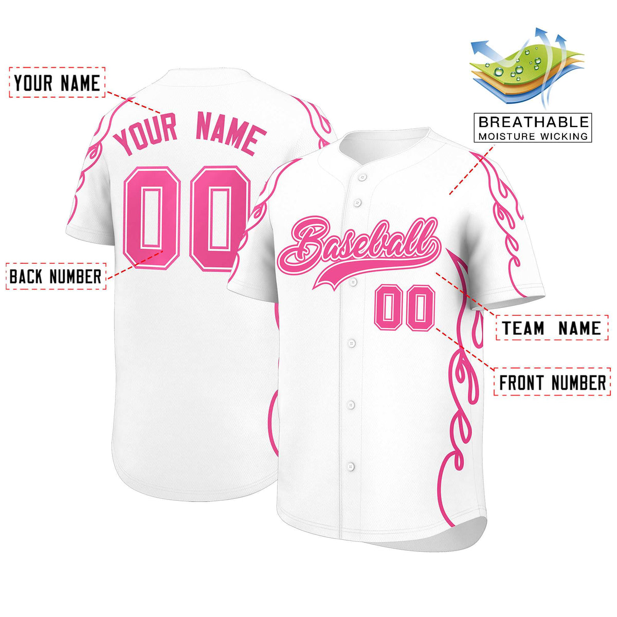 Custom White Pink Side Flame Outline Pattern Sports Uniform Basetball Jersey