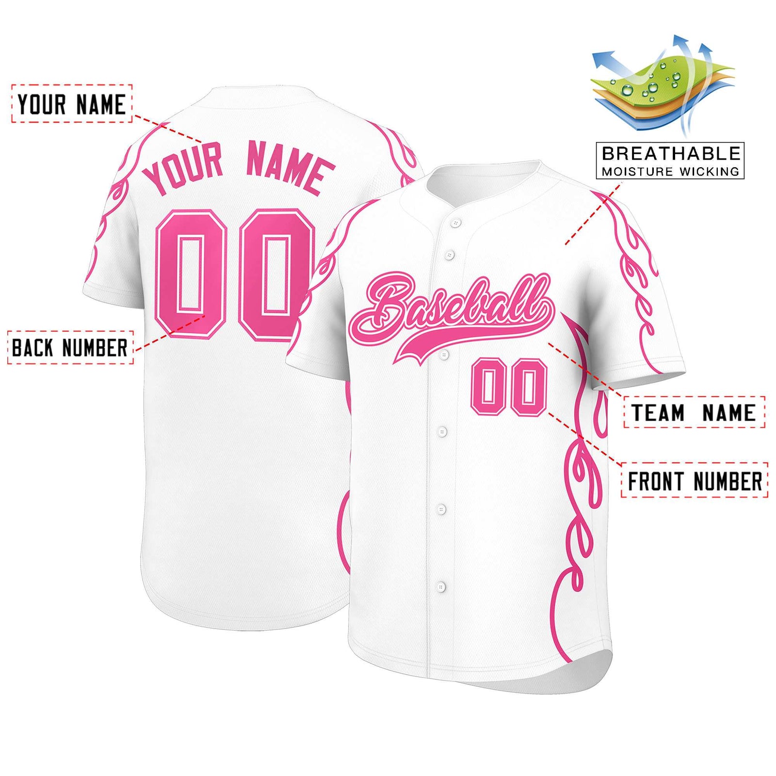 Custom White Pink Side Flame Outline Pattern Sports Uniform Basetball Jersey