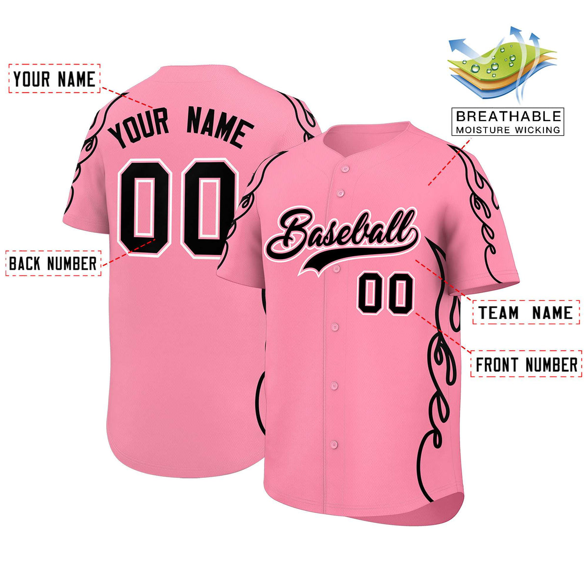 Custom Light Pink Black Side Flame Outline Pattern Sports Uniform Basetball Jersey