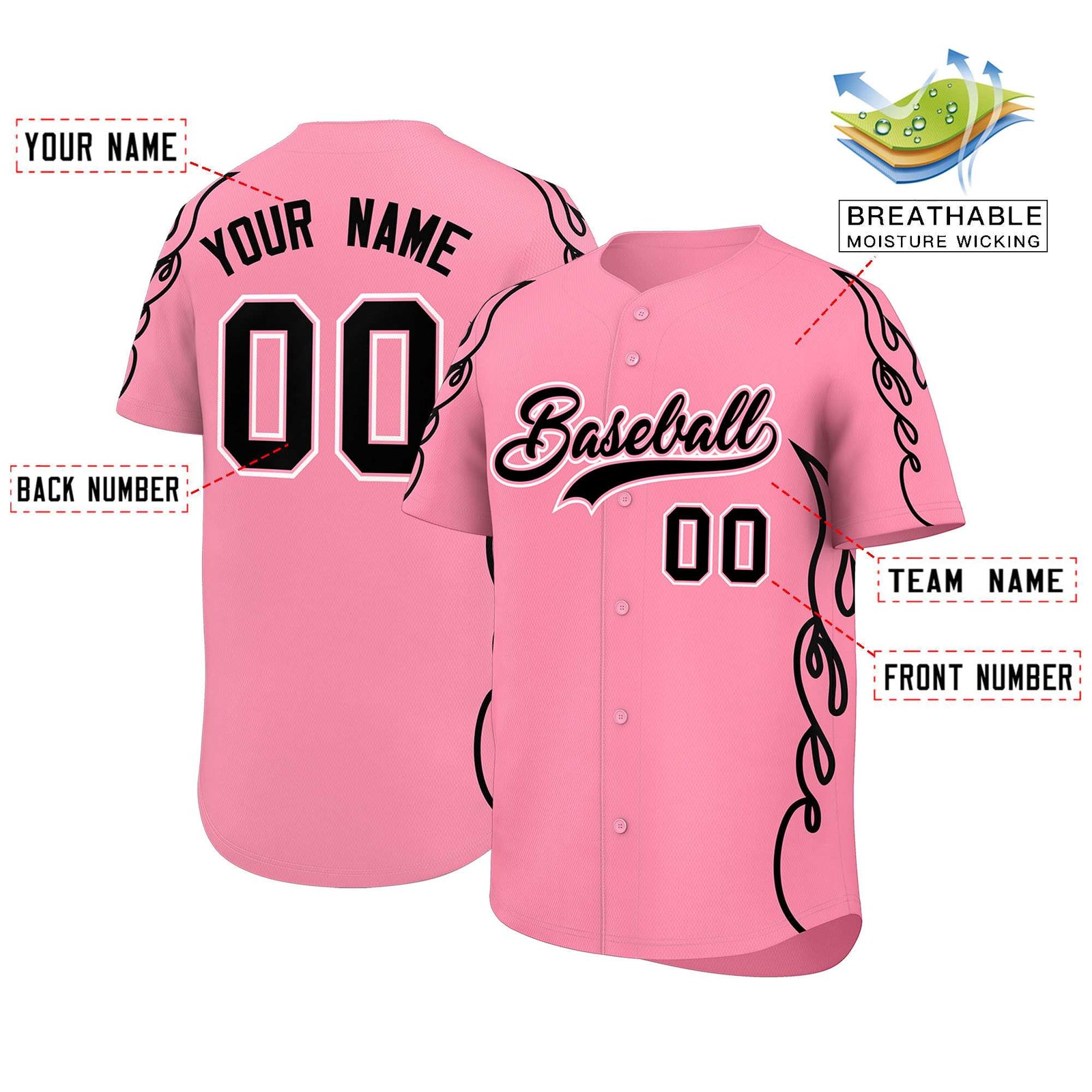 Custom Light Pink Black Side Flame Outline Pattern Sports Uniform Basetball Jersey