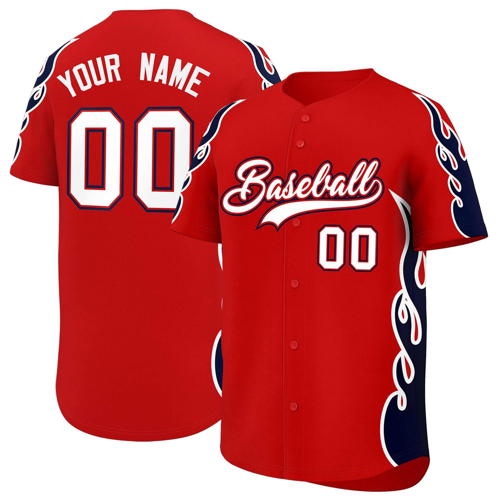 Custom Red Navy Side Flame Outline Pattern Sports Uniform Basetball Jersey