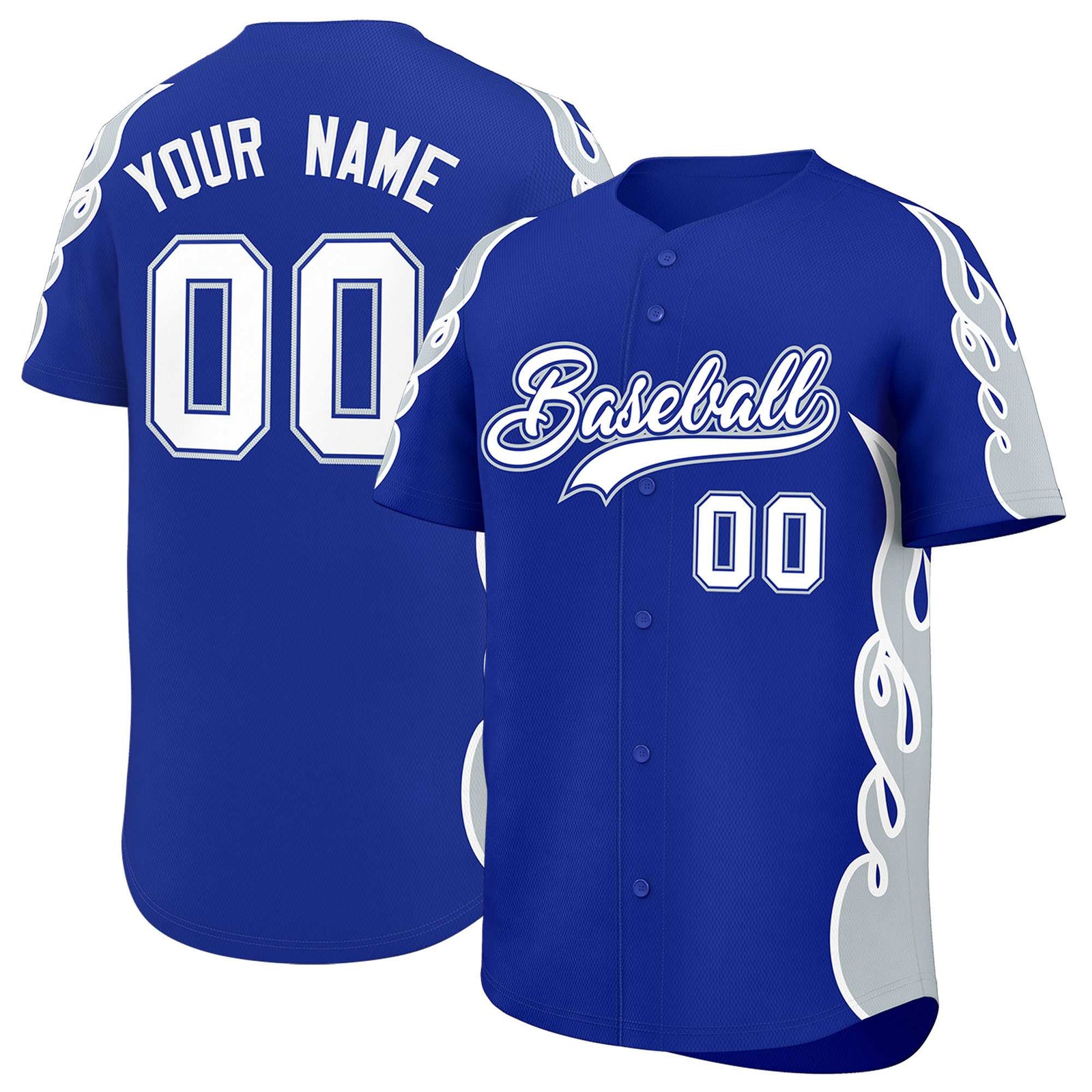 Custom Royal Silver Side Flame Outline Pattern Sports Uniform Basetball Jersey