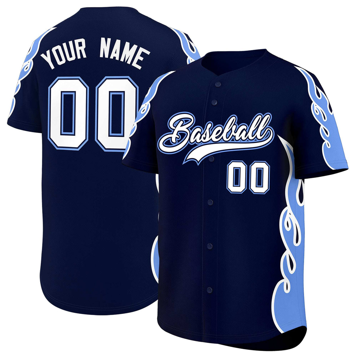 Custom Navy Light Blue Side Flame Outline Pattern Sports Uniform Basetball Jersey