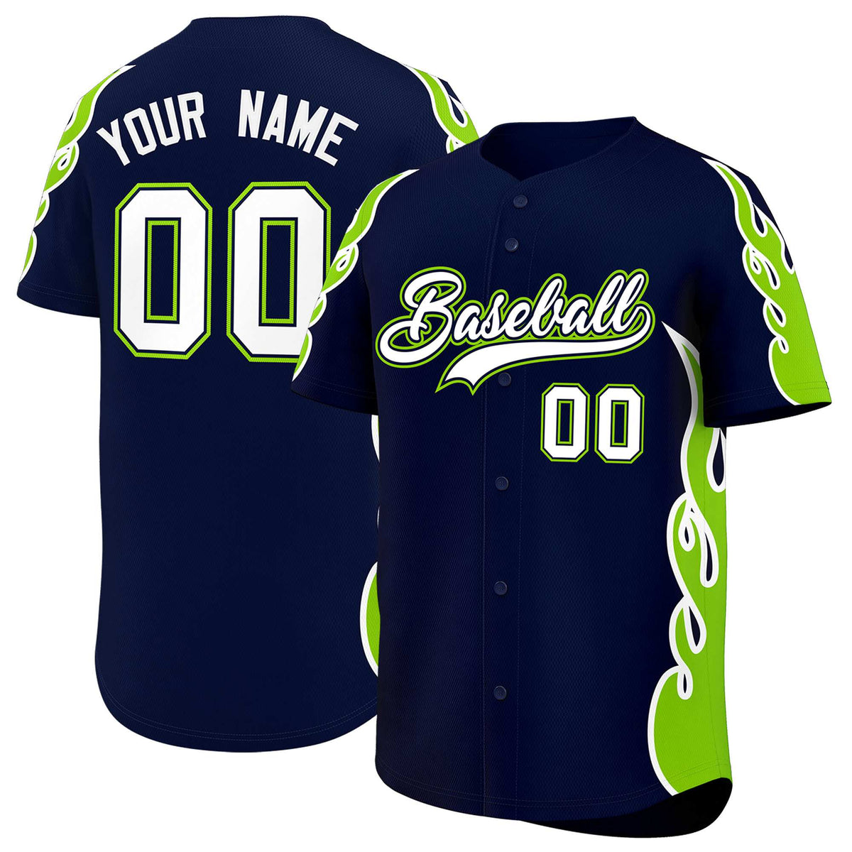 Custom Navy Neon Green Side Flame Outline Pattern Sports Uniform Basetball Jersey