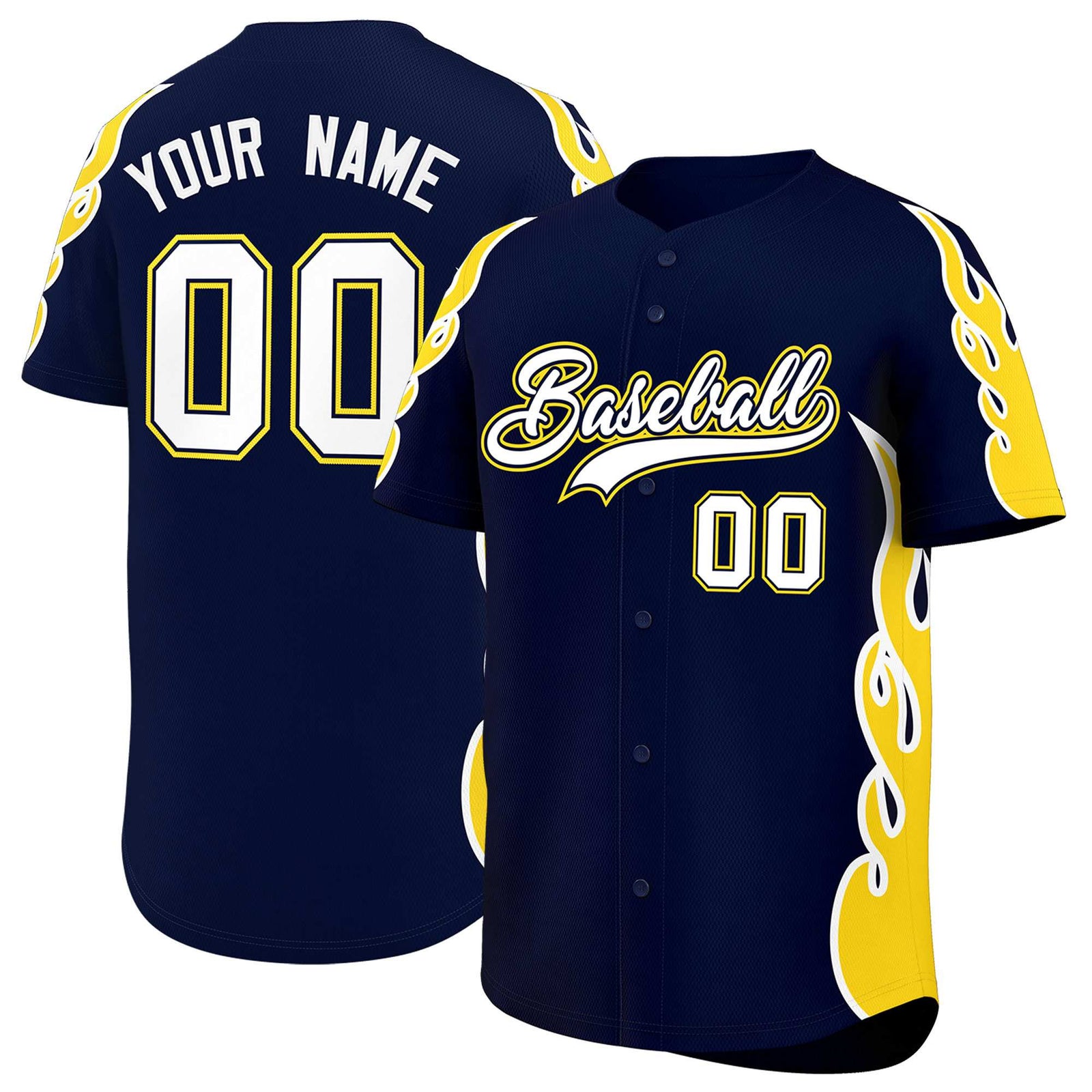 Custom Navy Gold Side Flame Outline Pattern Sports Uniform Basetball Jersey