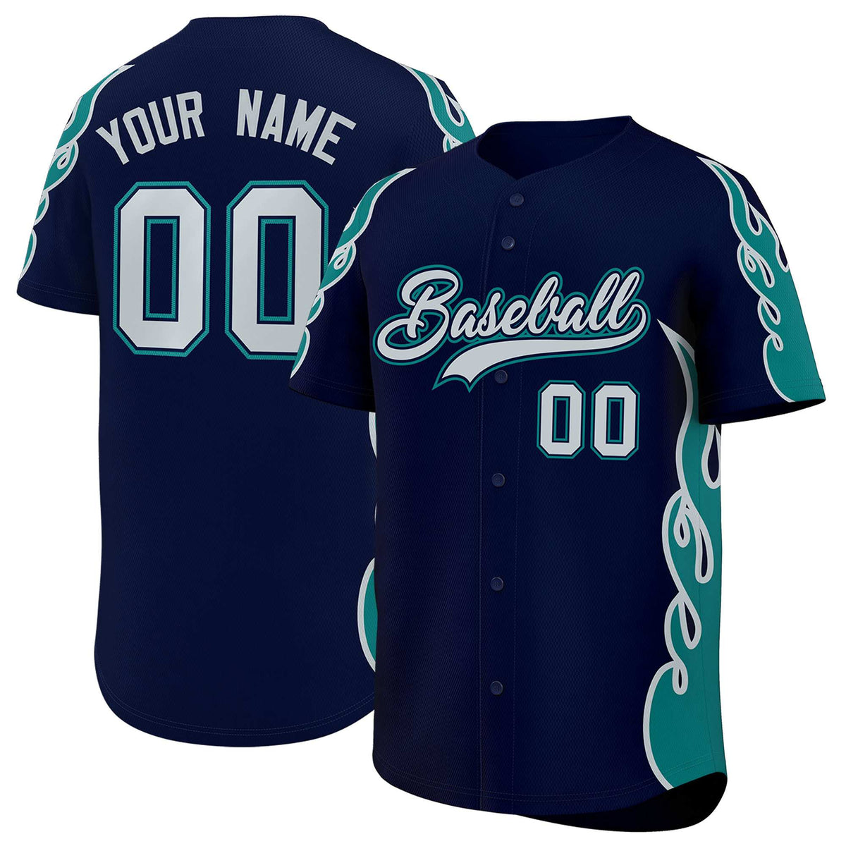 Custom Navy Teal Side Flame Outline Pattern Sports Uniform Basetball Jersey