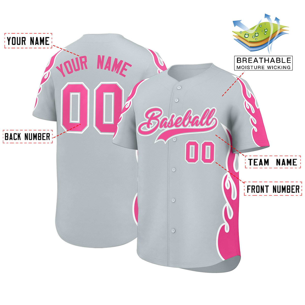 Custom Silver Pink Side Flame Outline Pattern Sports Uniform Basetball Jersey