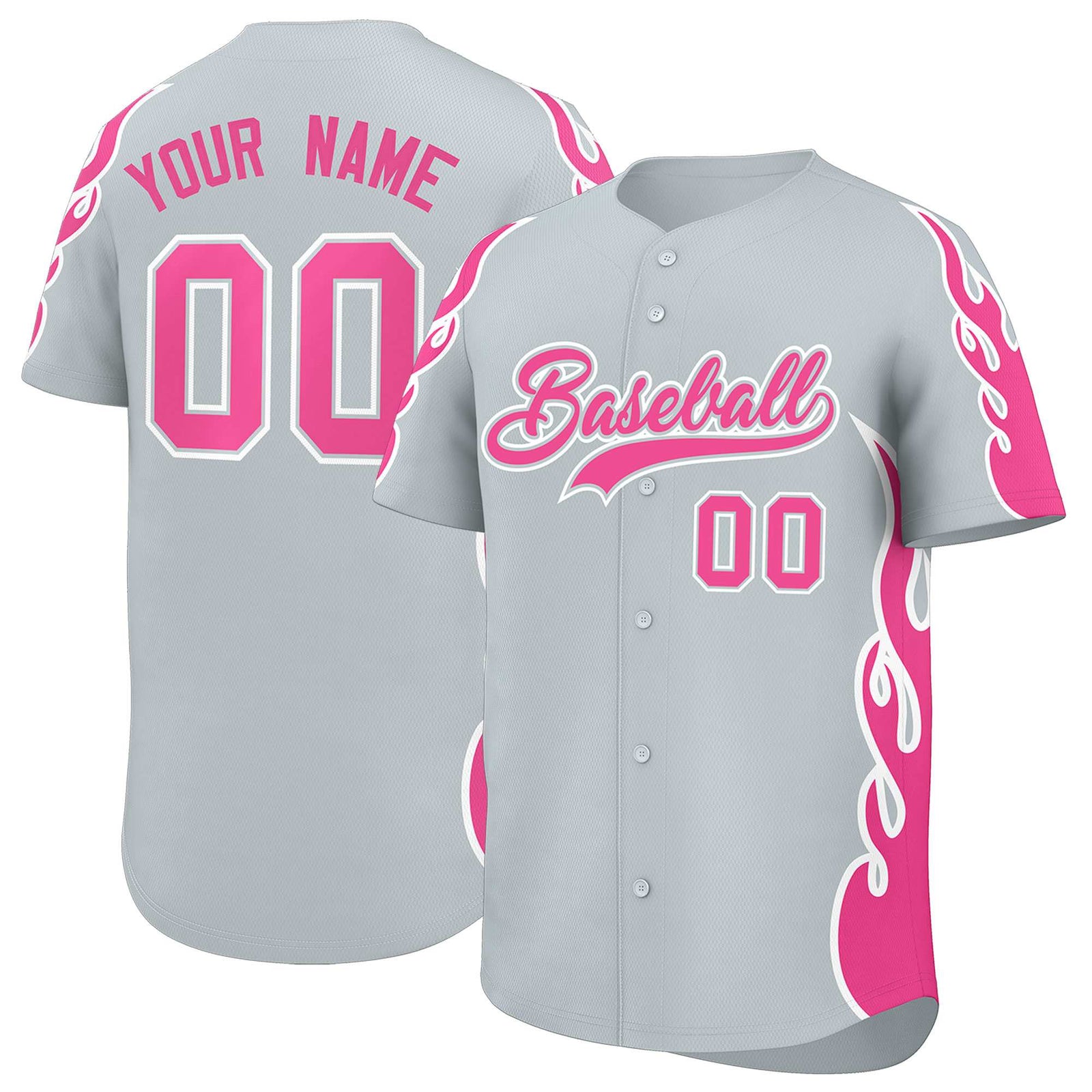 Custom Silver Pink Side Flame Outline Pattern Sports Uniform Basetball Jersey