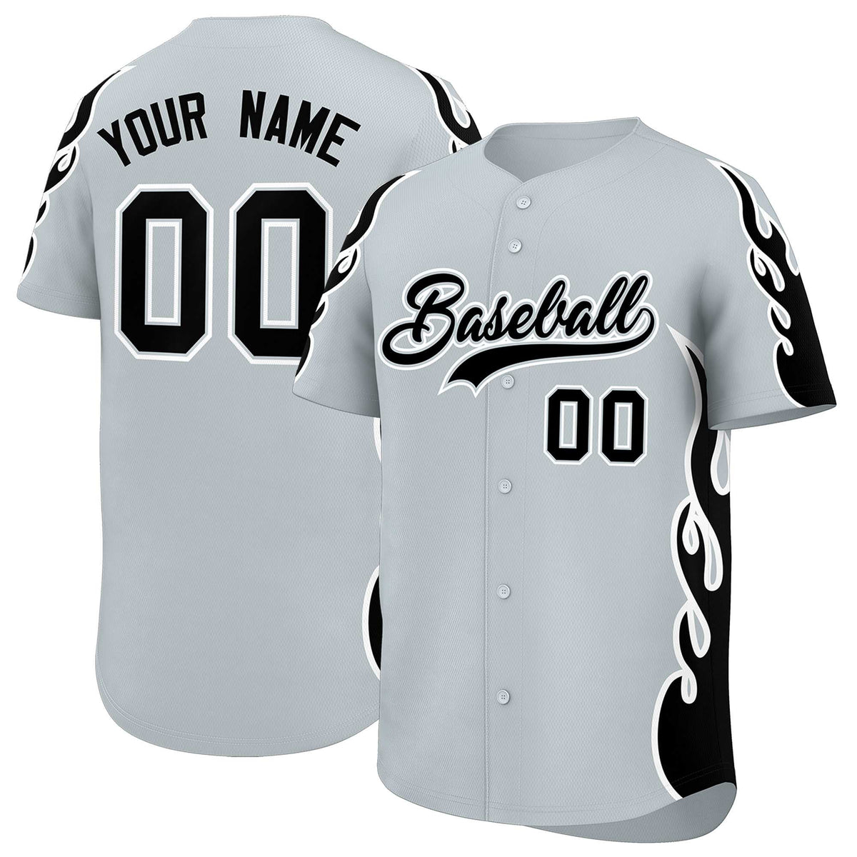 Custom Silver Black Side Flame Outline Pattern Sports Uniform Basetball Jersey
