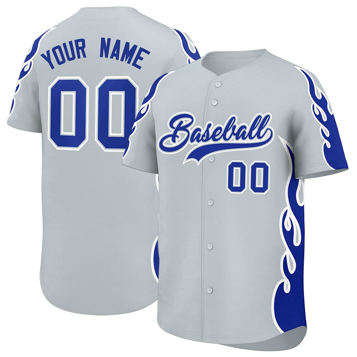 Custom Silver Royal Side Flame Outline Pattern Sports Uniform Basetball Jersey