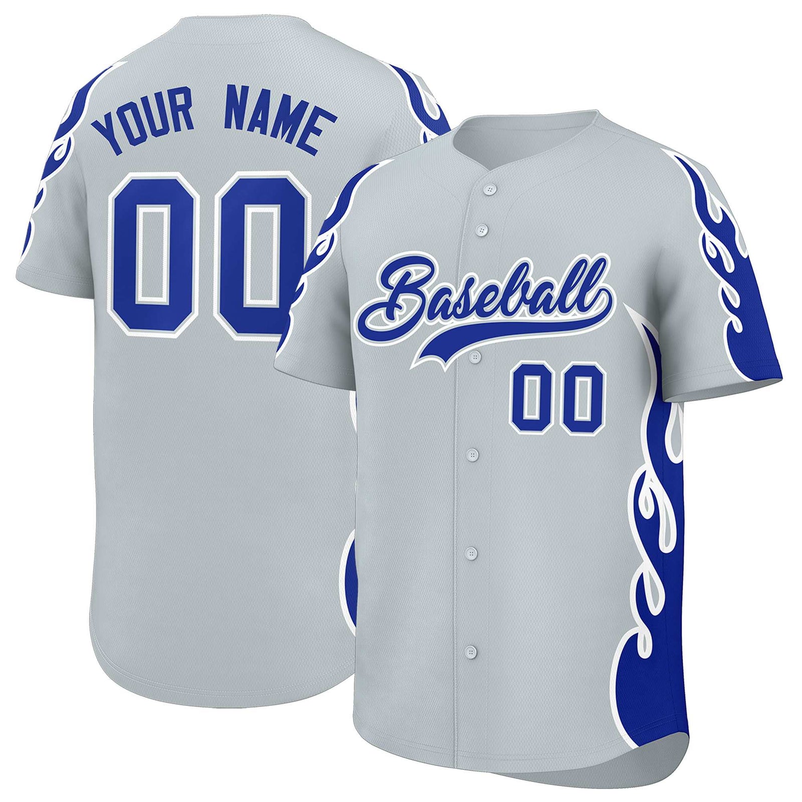 Custom Silver Royal Side Flame Outline Pattern Sports Uniform Basetball Jersey