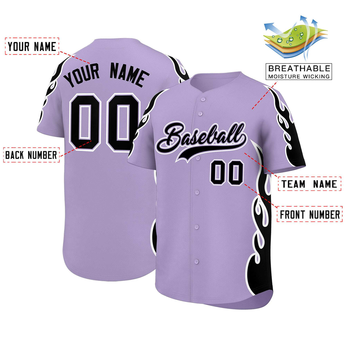 Custom Light Purple Black Side Flame Outline Pattern Sports Uniform Basetball Jersey