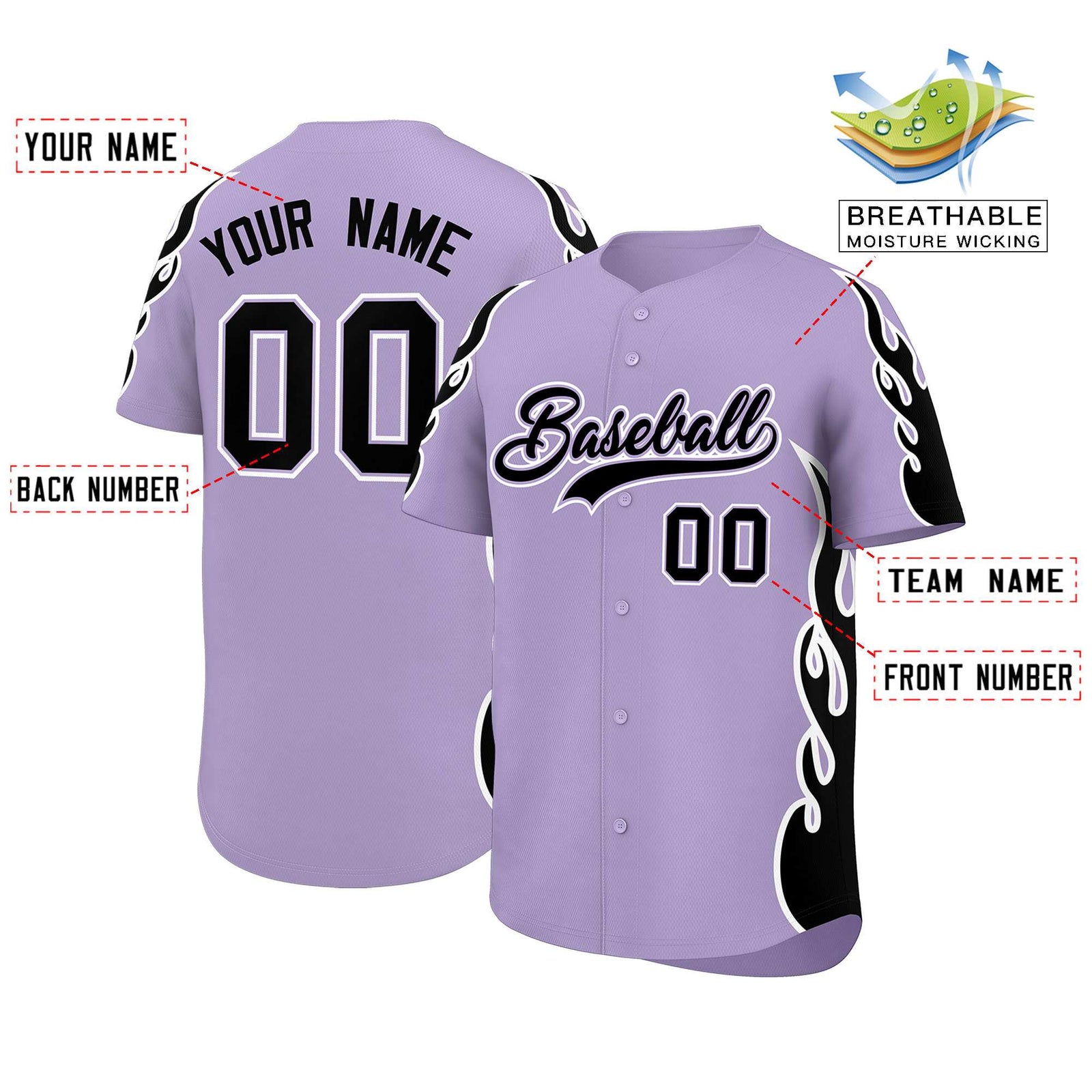 Custom Light Purple Black Side Flame Outline Pattern Sports Uniform Basetball Jersey