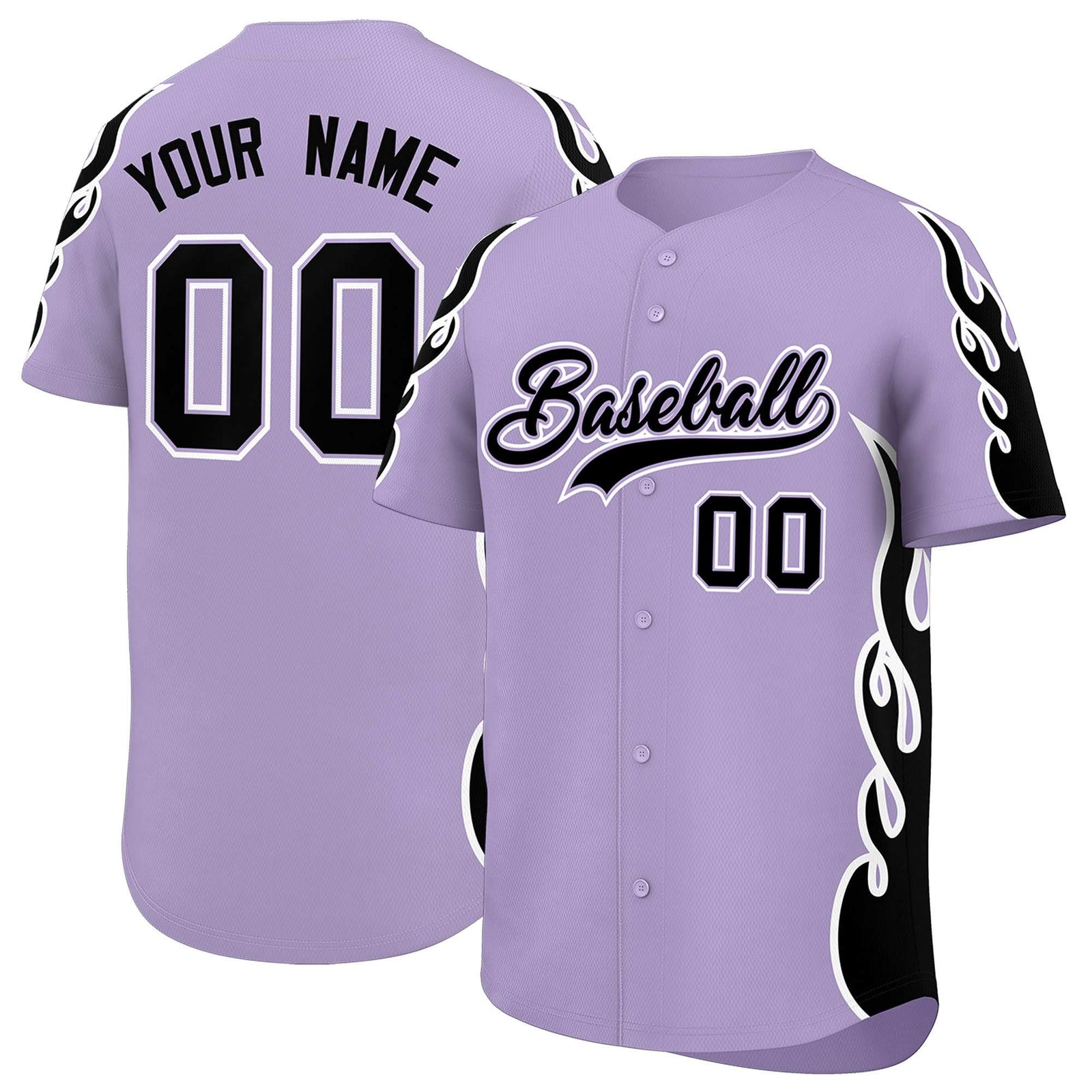 Custom Light Purple Black Side Flame Outline Pattern Sports Uniform Basetball Jersey