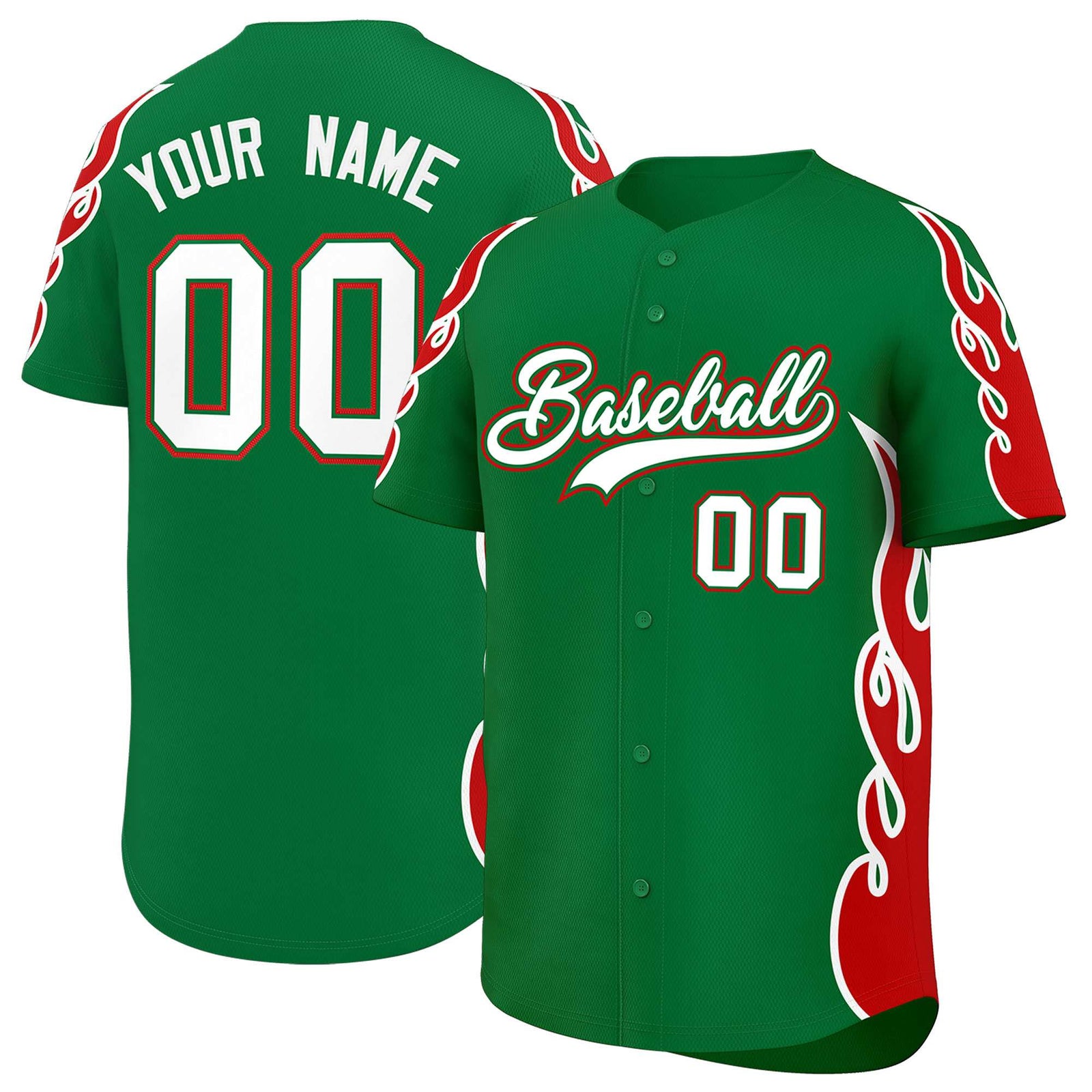 Custom Kelly Green Red Side Flame Outline Pattern Sports Uniform Basetball Jersey