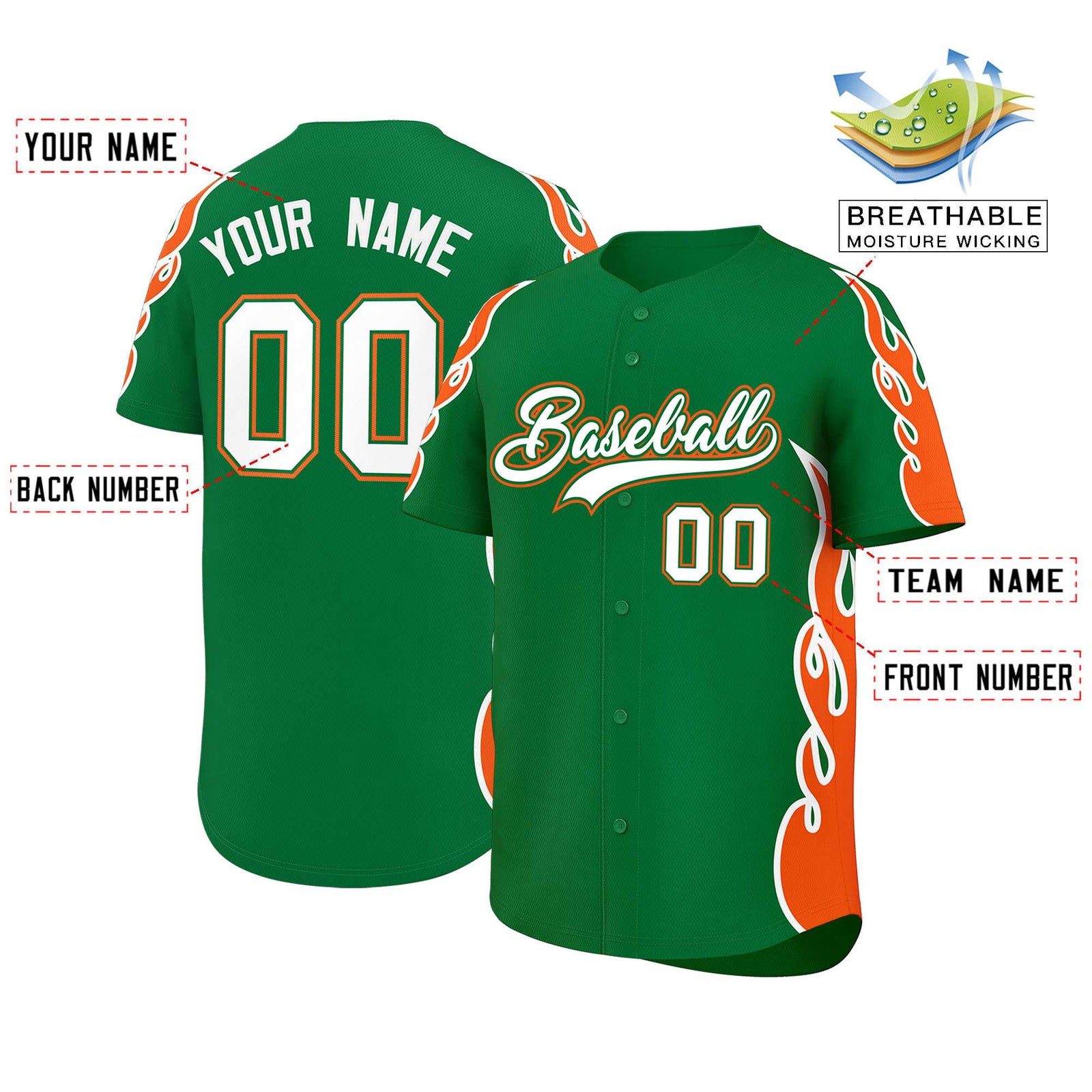 Custom Kelly Green Orange Side Flame Outline Pattern Sports Uniform Basetball Jersey