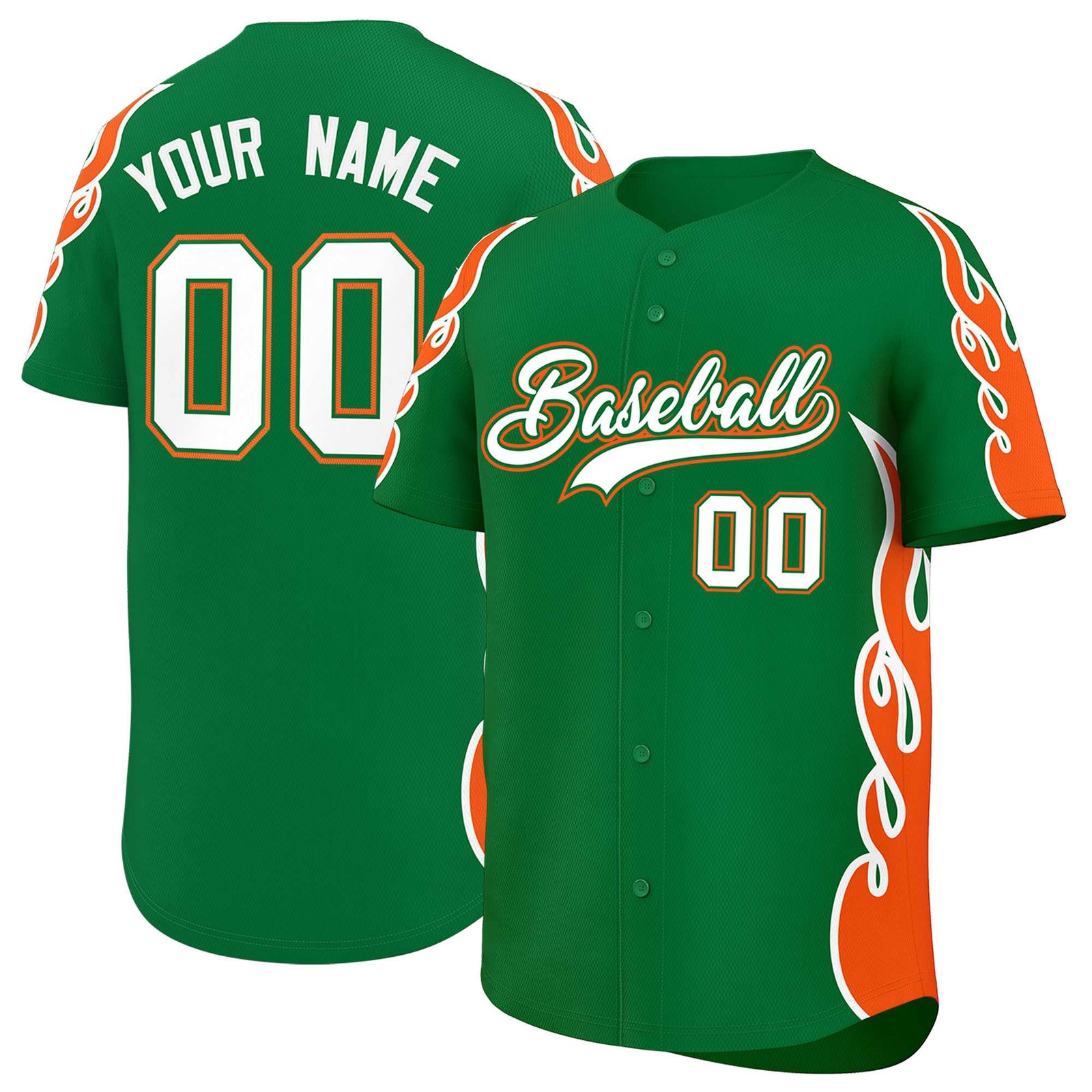 Custom Kelly Green Orange Side Flame Outline Pattern Sports Uniform Basetball Jersey